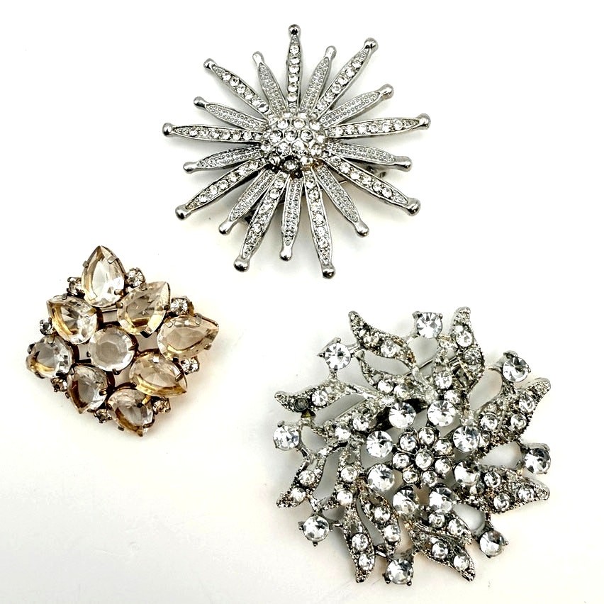 Lot 3 Vtg MCM Sunburst Floral Brooch Prong Set Paste Rhinestone Sparkly Pin