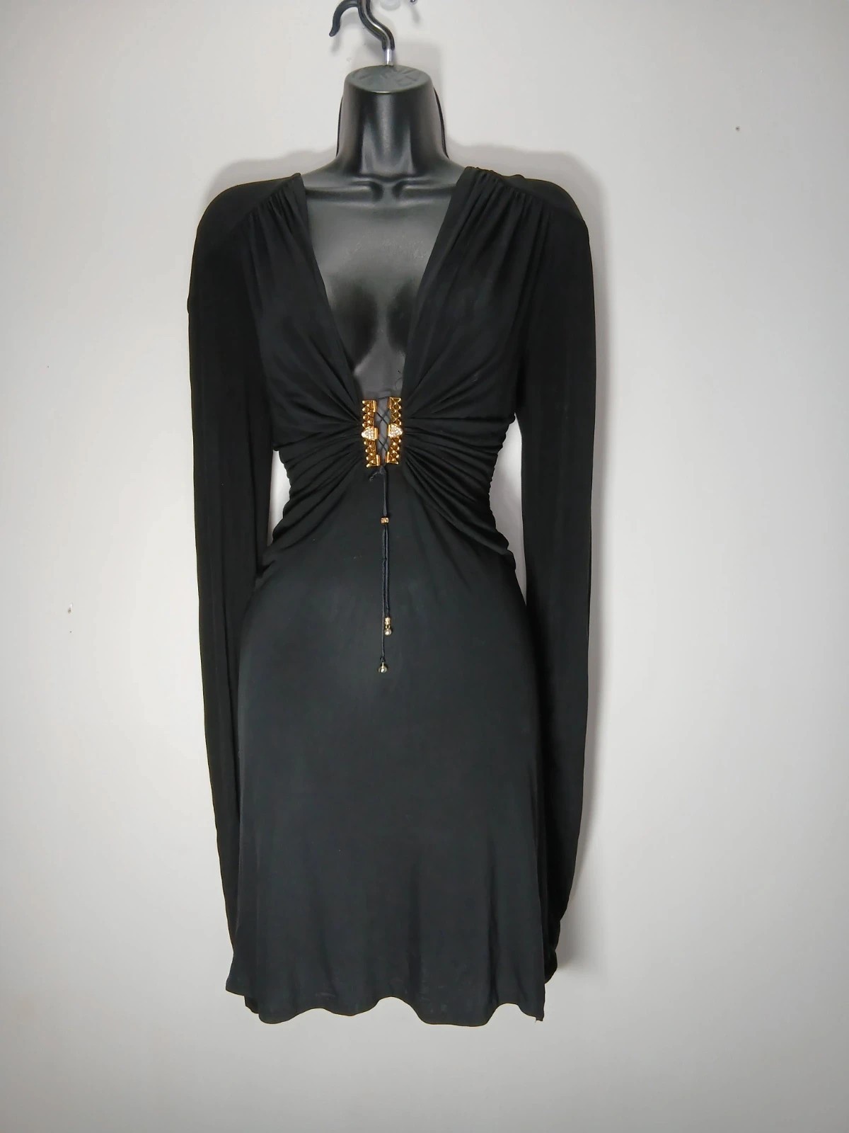 Vintage Roberto Cavalli FW2006 Gothic Deep Plunge Gold Hardware Dress J19