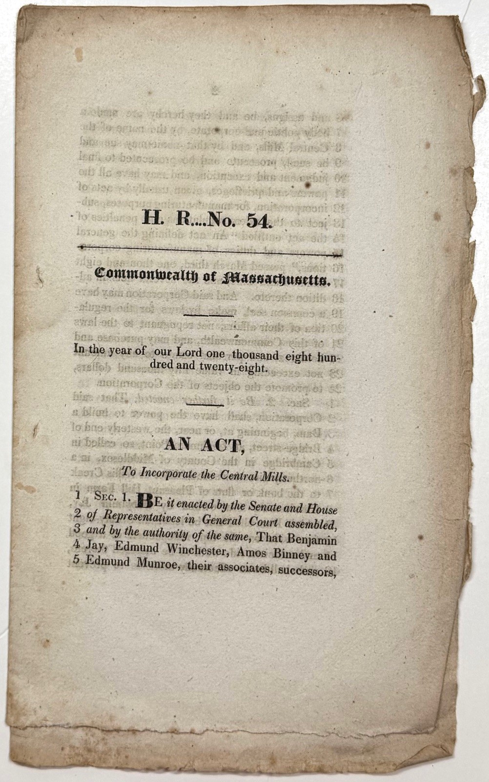 1828 ACT TO INCORPORATE THE CENTRAL MILLS MASSACHUSETTS HOUSE BILL 54 CAMBRIDGE