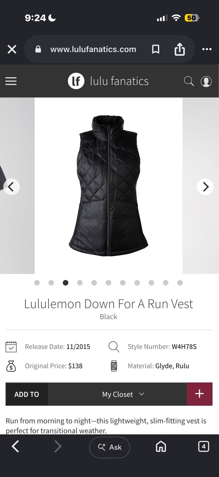 Lululemon Down For A Run Vest Women\'s 6 Black Puffer Quilted Insulated Running