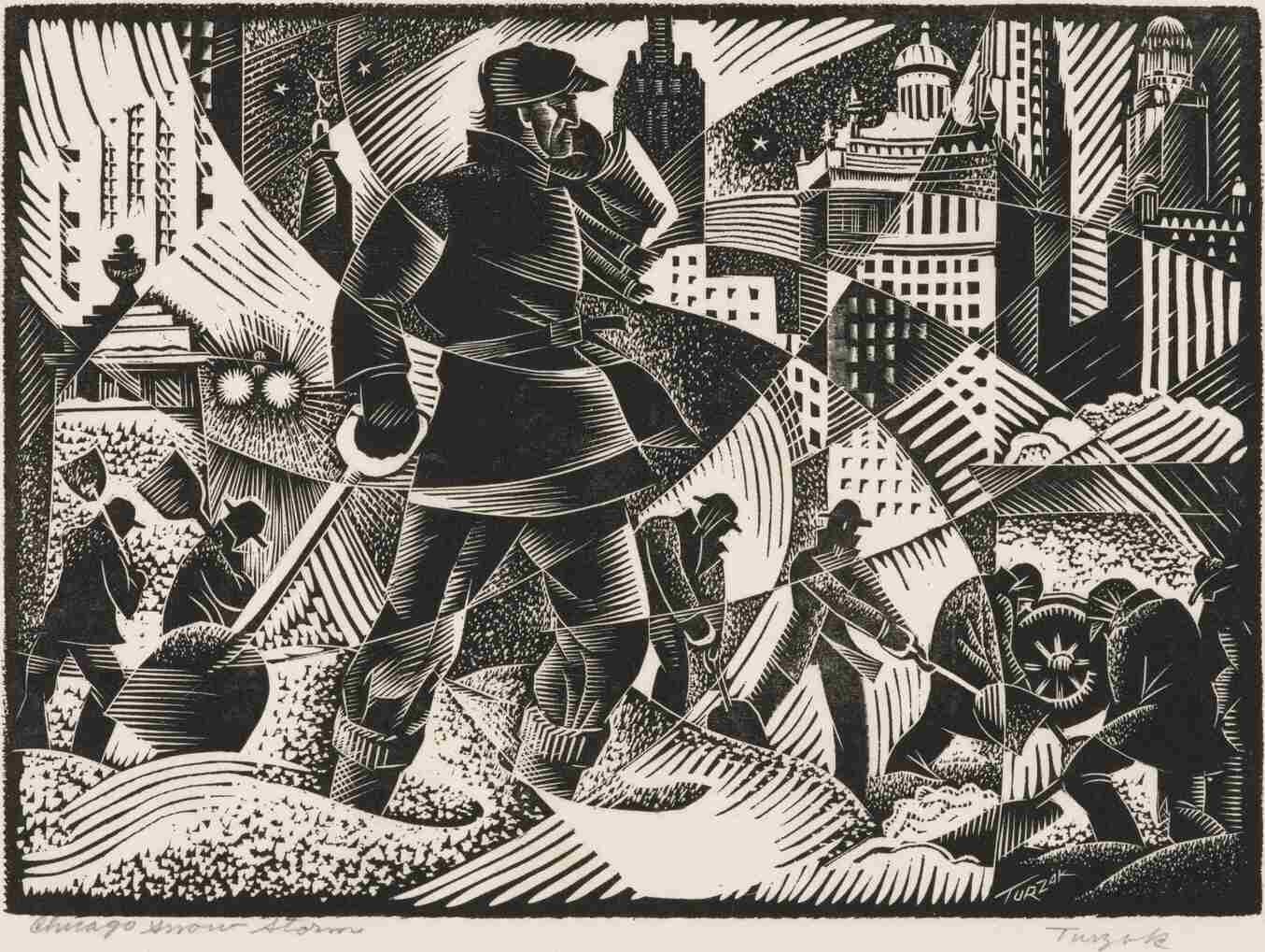 Charles Turzak - Chicago Snow Storm WPA Era Woodcut Cityscape Art Print Charles Turzak - Chicago Snow Storm WPA Era Woodcut Cityscape Art Print