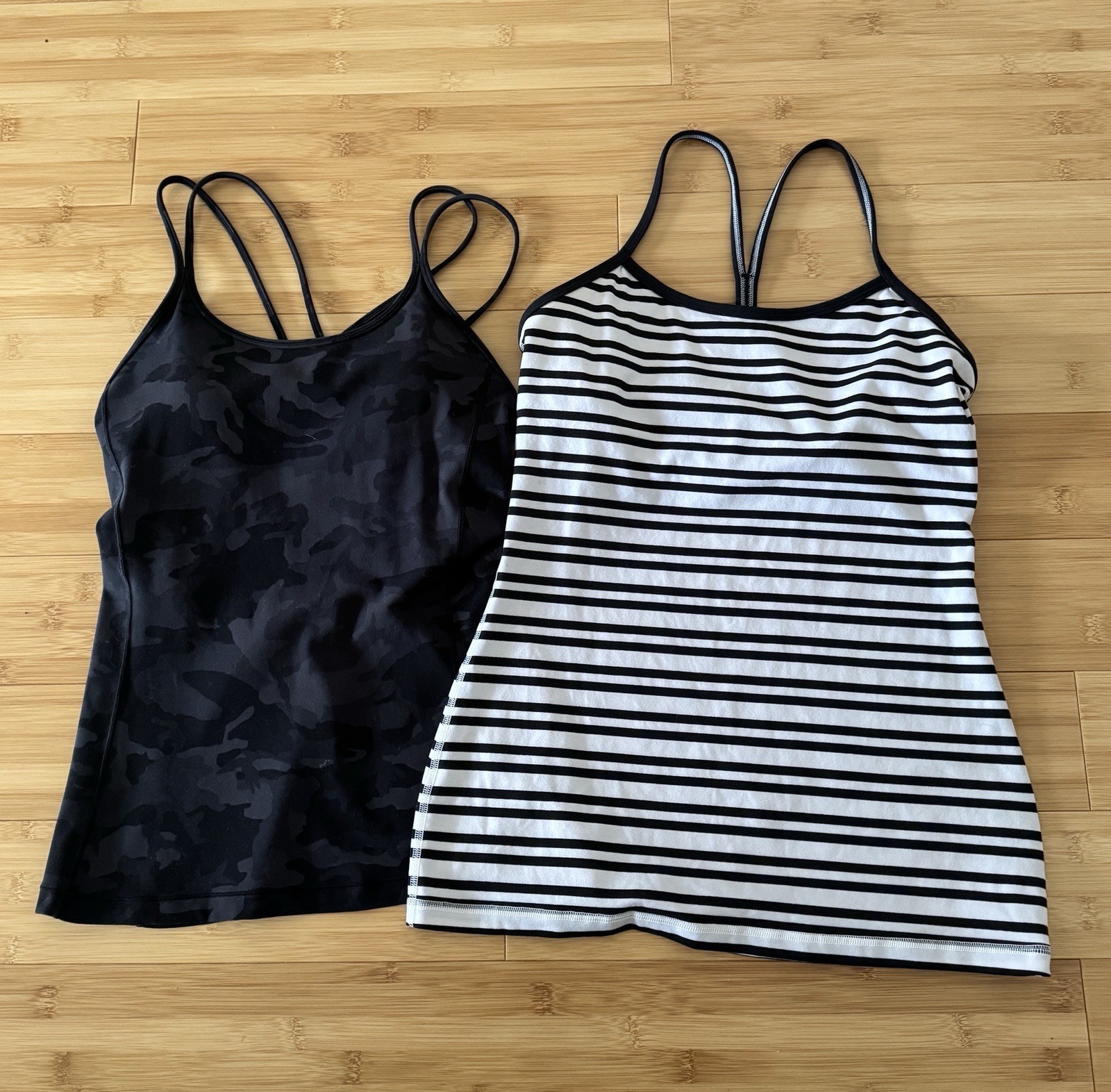 LULULEMON bundle od 2 Black Camo and Black-White Striped Women\'s Tank Tops