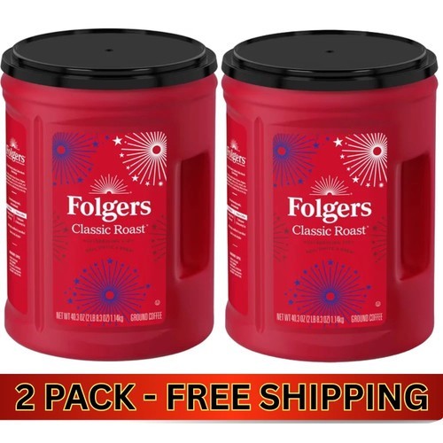 2 PACK Folgers Classic Roast Medium Roast Ground Coffee, 40.3 oz Canister