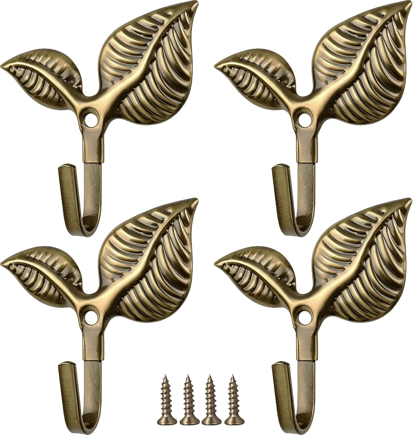 Heavy Duty Vintage Leaf Wall Hooks Set of 4 - Bronze Decorative Iron Coat Hooks