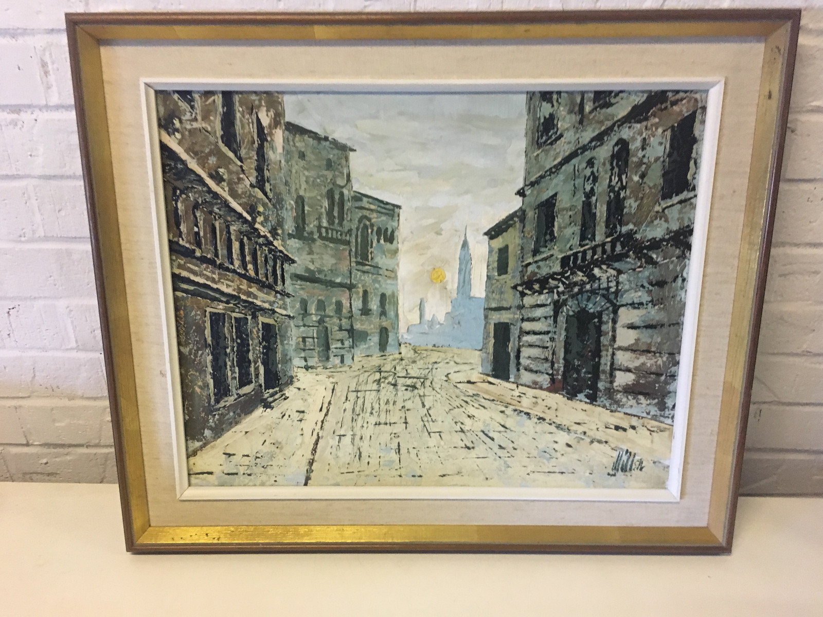Vintage Mid Cent. Signed Oil on Board Painting Street Scene Buildings at Sunset