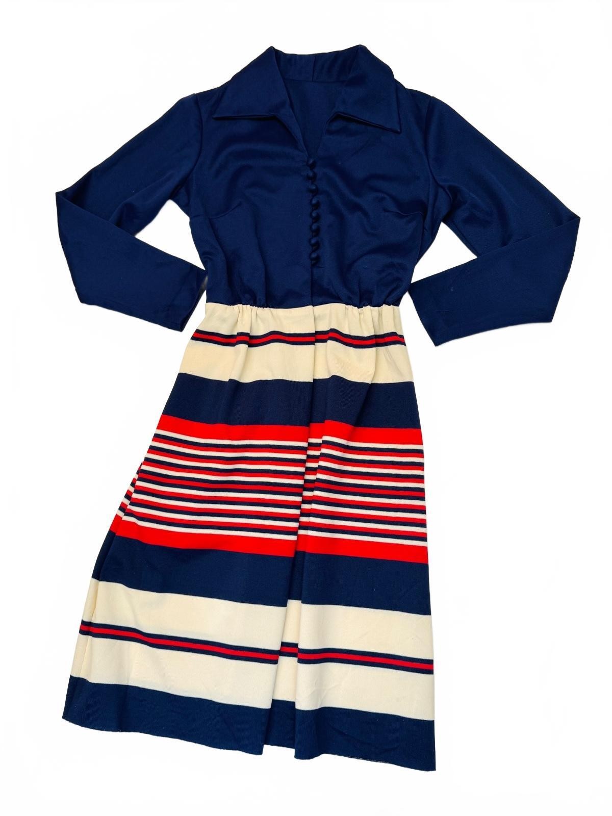 M - Vintage 60s Navy Striped Long Sleeve Midi Dress