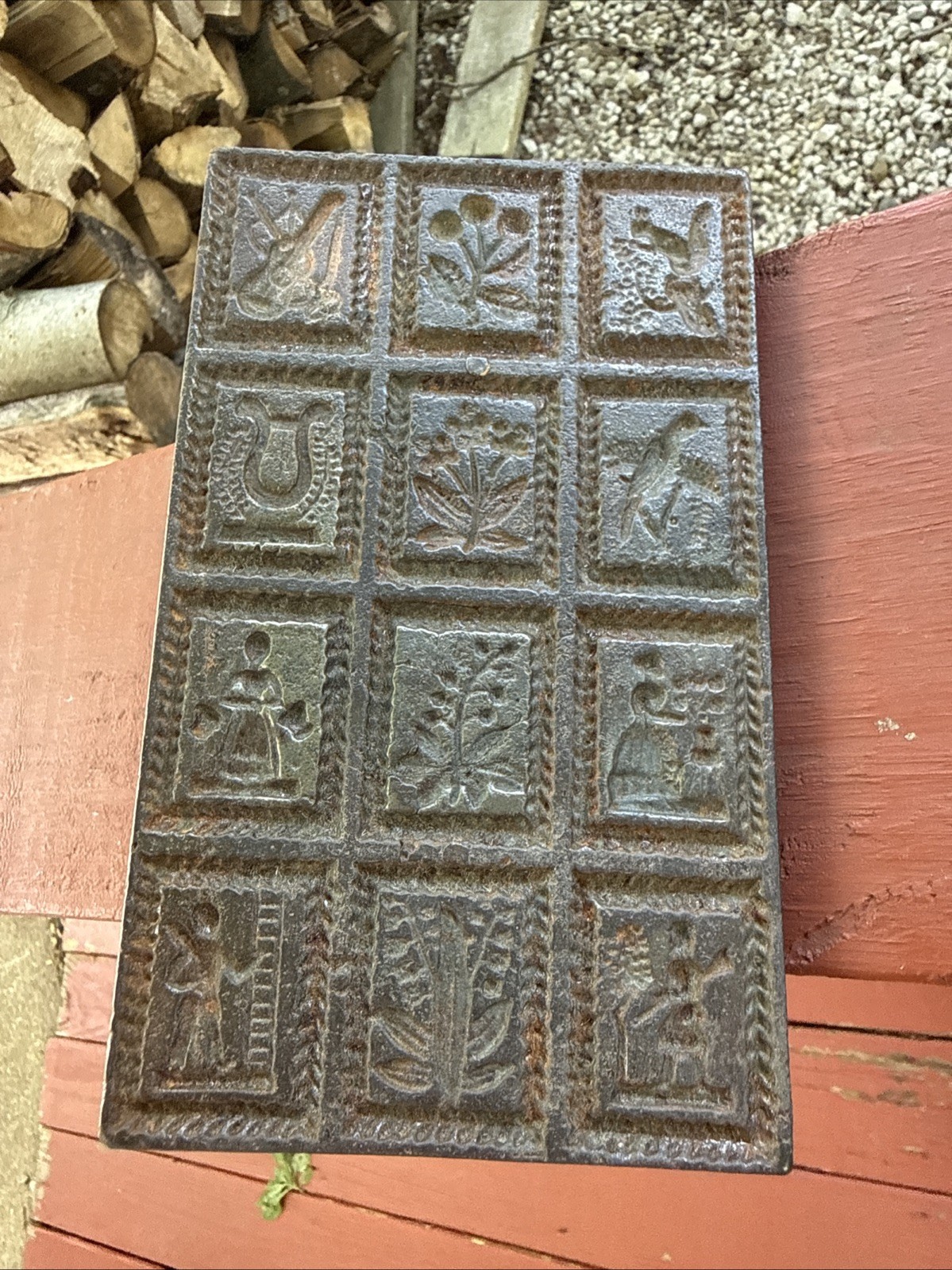 Antique Springerle Cookie Mold Trivet Metal 7” 12 Print Decorative Border Feet Antique Springerle Cookie Mold Trivet Metal 7” 12 Print Decorative Border Feet
