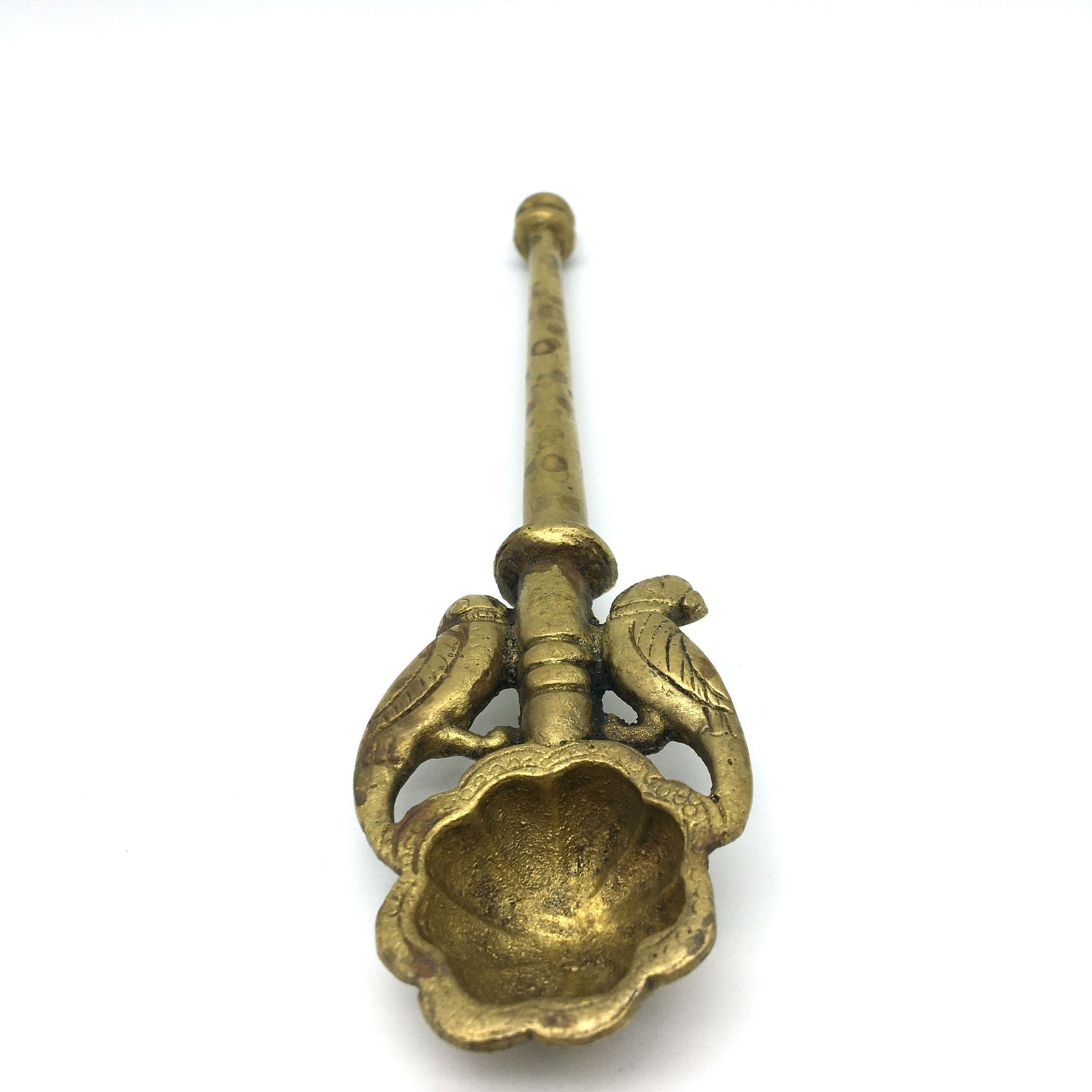 Ornate Brass Havan Puja Spoon with Parrots Decoration Handmade 7.5