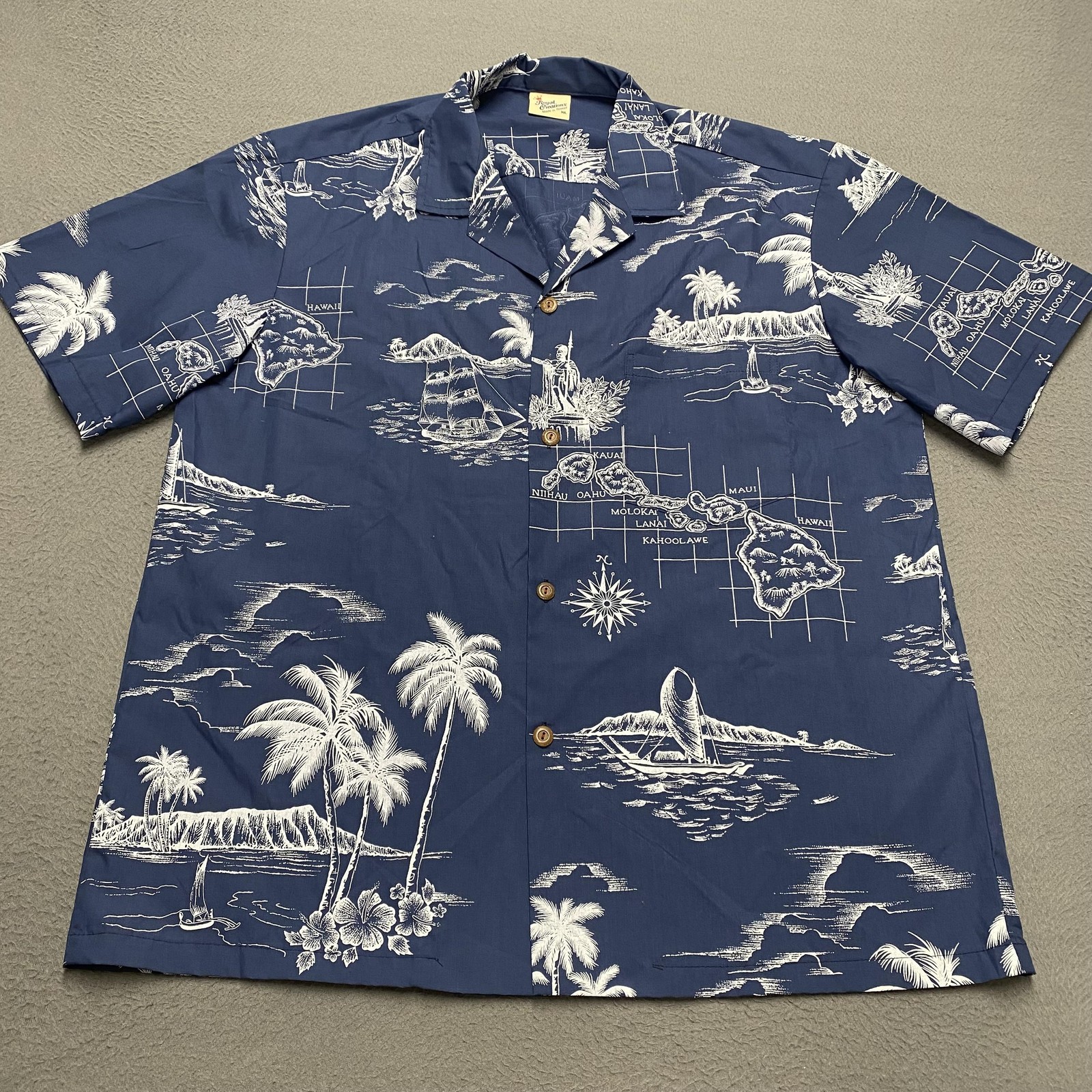 Royal Creations Shirt Mens XL Blue Hawaiian Map Print Short Sleeve Button Up USA