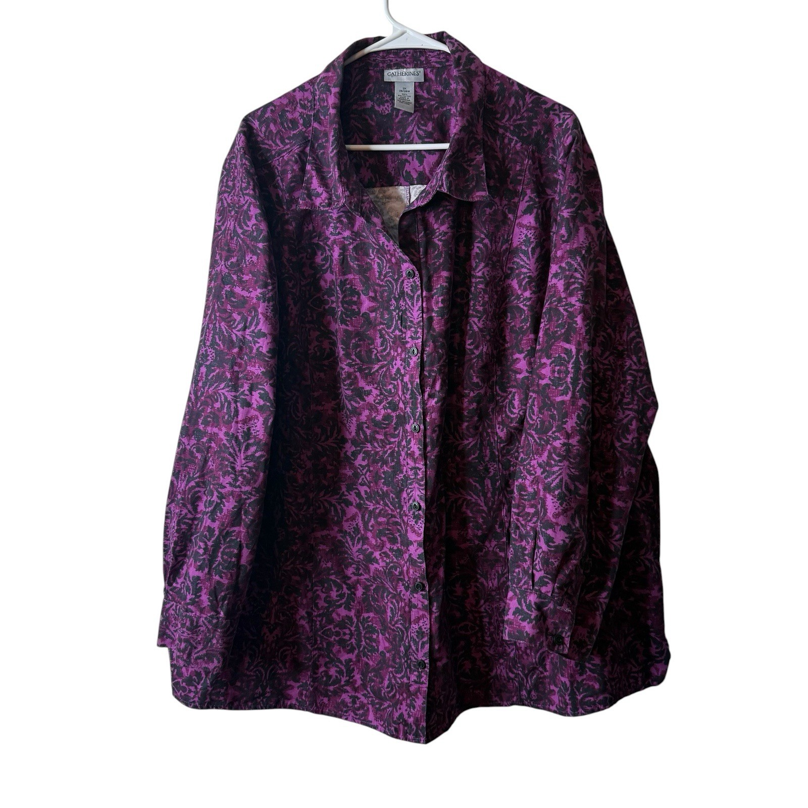 Catherines Purple Patterned Button Front Long Sleeve Blouse Plus Size 3X Catherines Purple Patterned Button Front Long Sleeve Blouse Plus Size 3X