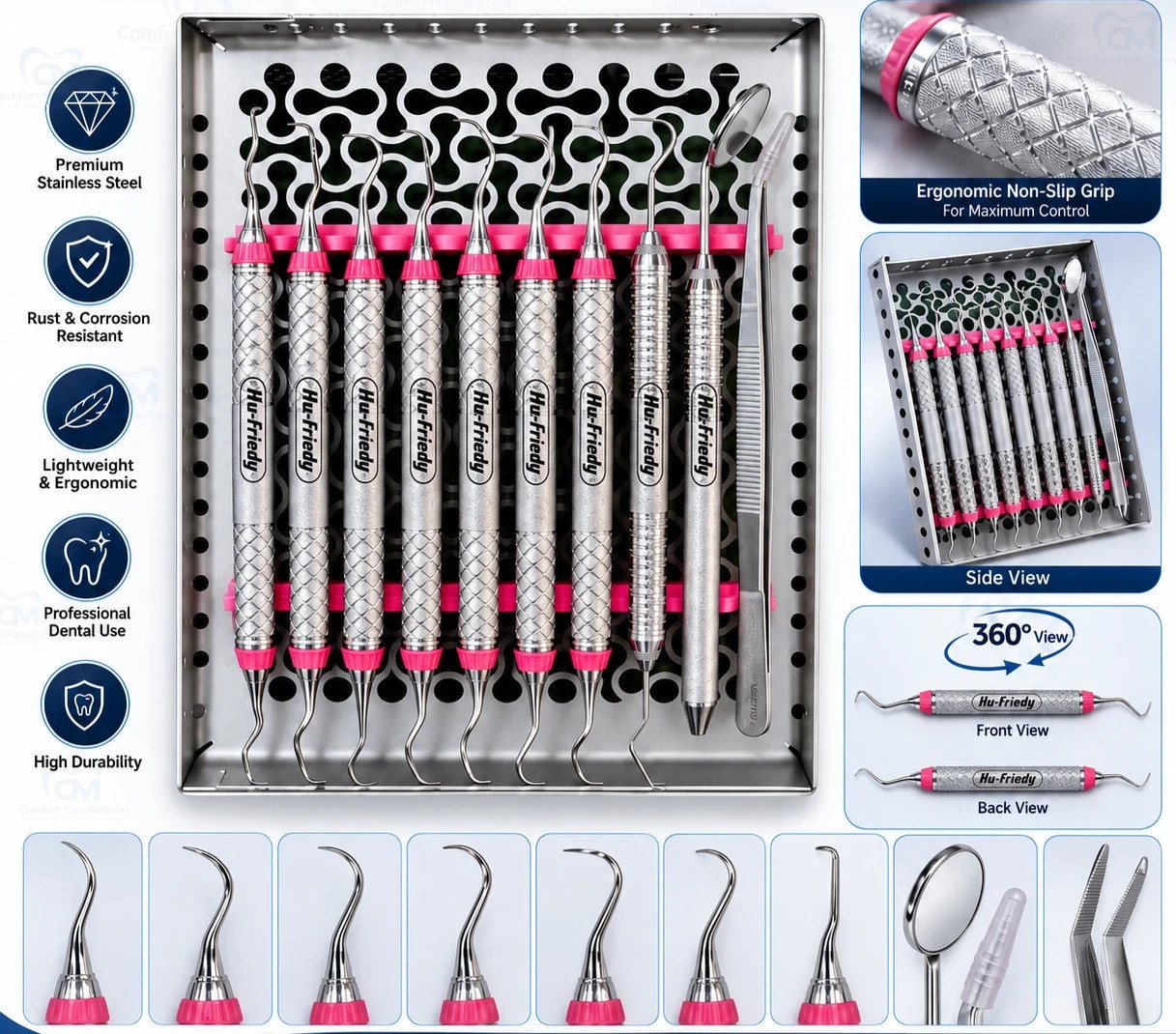 Hu Friedy Dental Hygiene Instruments Set of 10 PCS With Sterlization Cassette Hu Friedy Dental Hygiene Instruments Set of 10 PCS With Sterlization Cassette