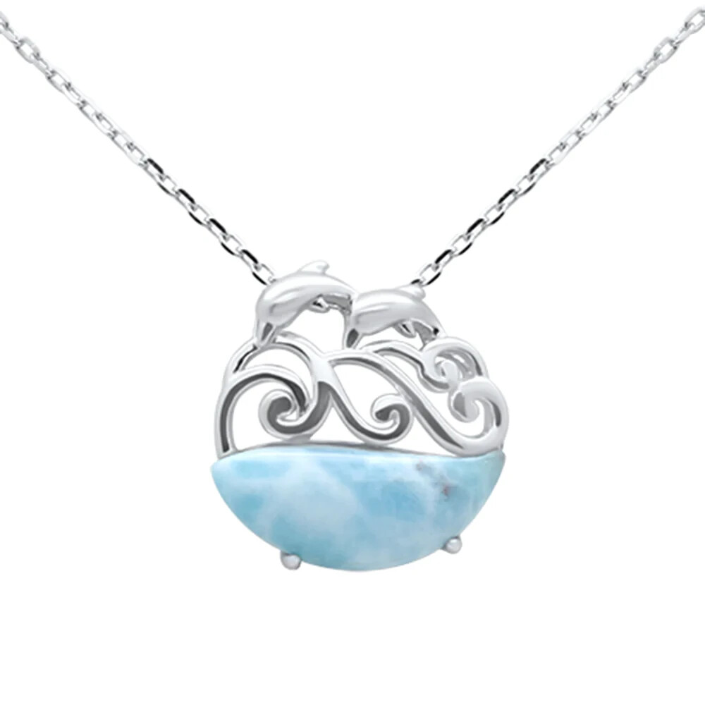 .925 Sterling Silver Natural Larimar Dolphin Waves Pendant Necklace 16-18\