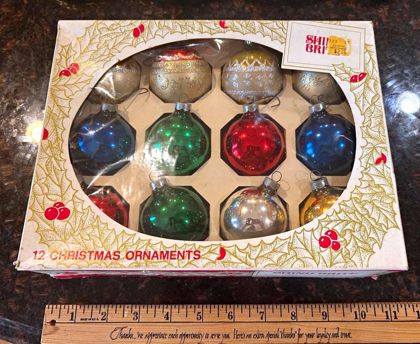 Vtg Shiny Brite mica 4 pc & Rauch Kmart Glass Christmas Ornaments 8px. Box 12 Vtg Shiny Brite mica 4 pc & Rauch Kmart Glass Christmas Ornaments 8px. Box 12