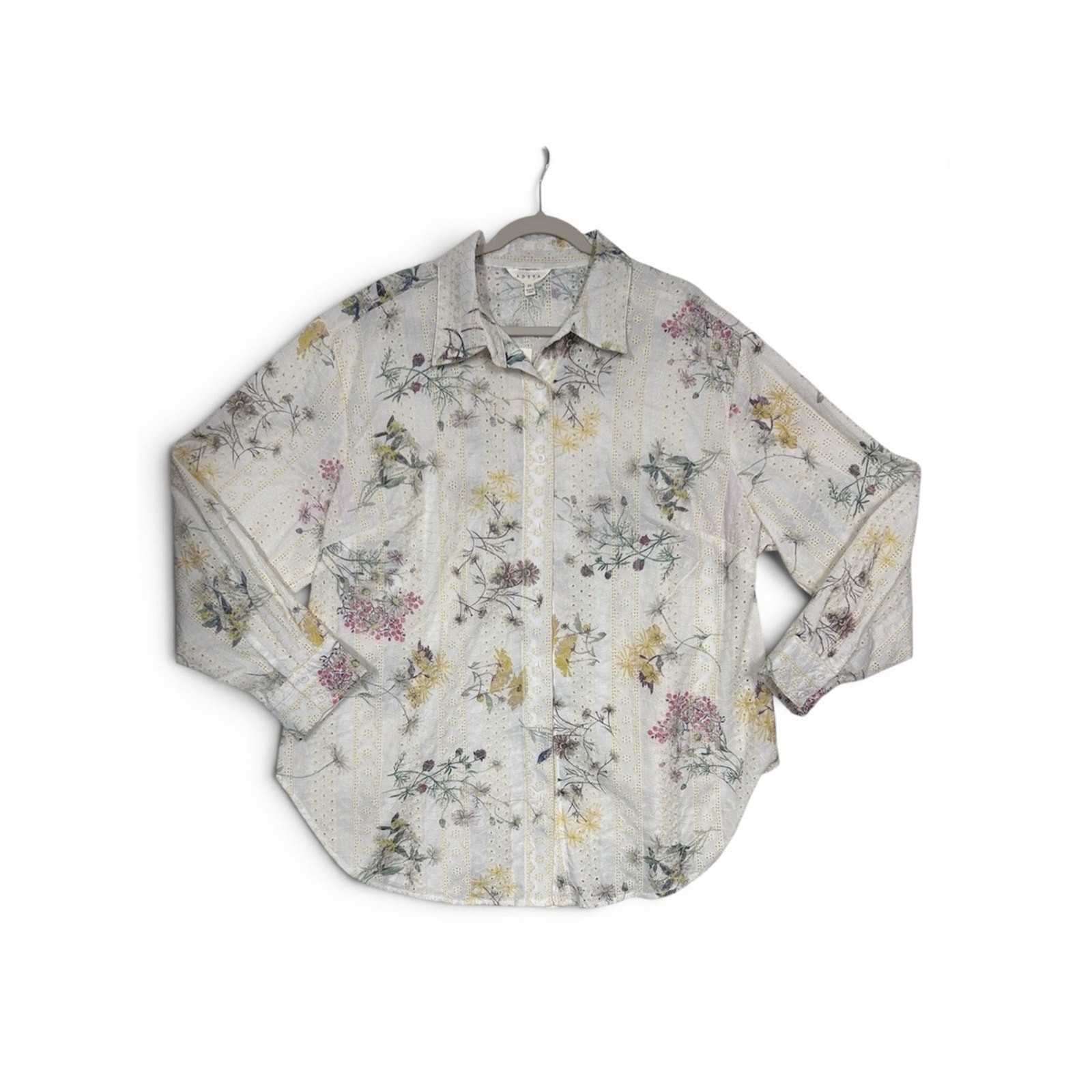 Adiva White Cream Button Down Shirt Embroidered Eyelet Detail Floral Print NWT