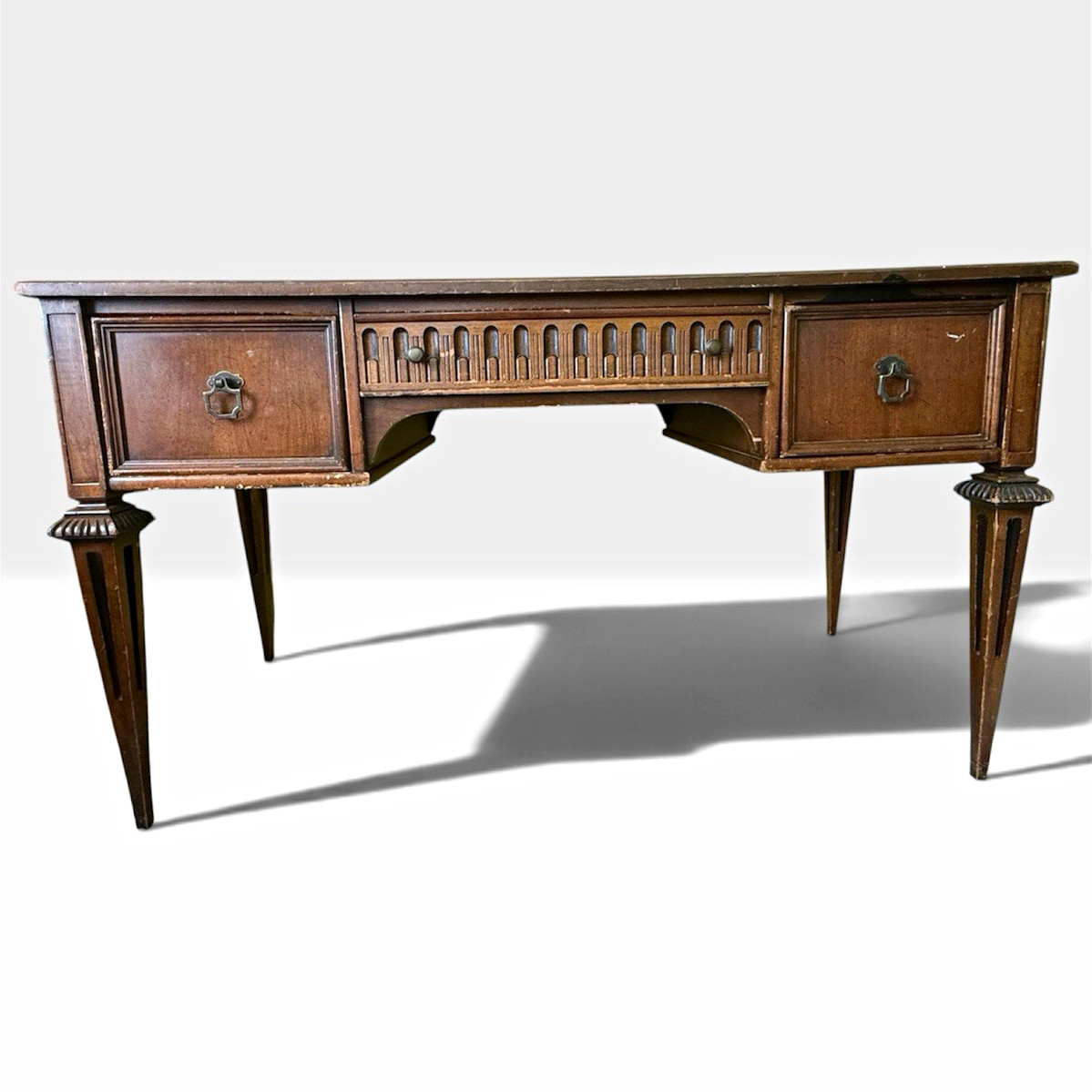 Vintage Louis XVI Style Wood Writing Desk 3 Drawers Gallery Rail 56.5” long