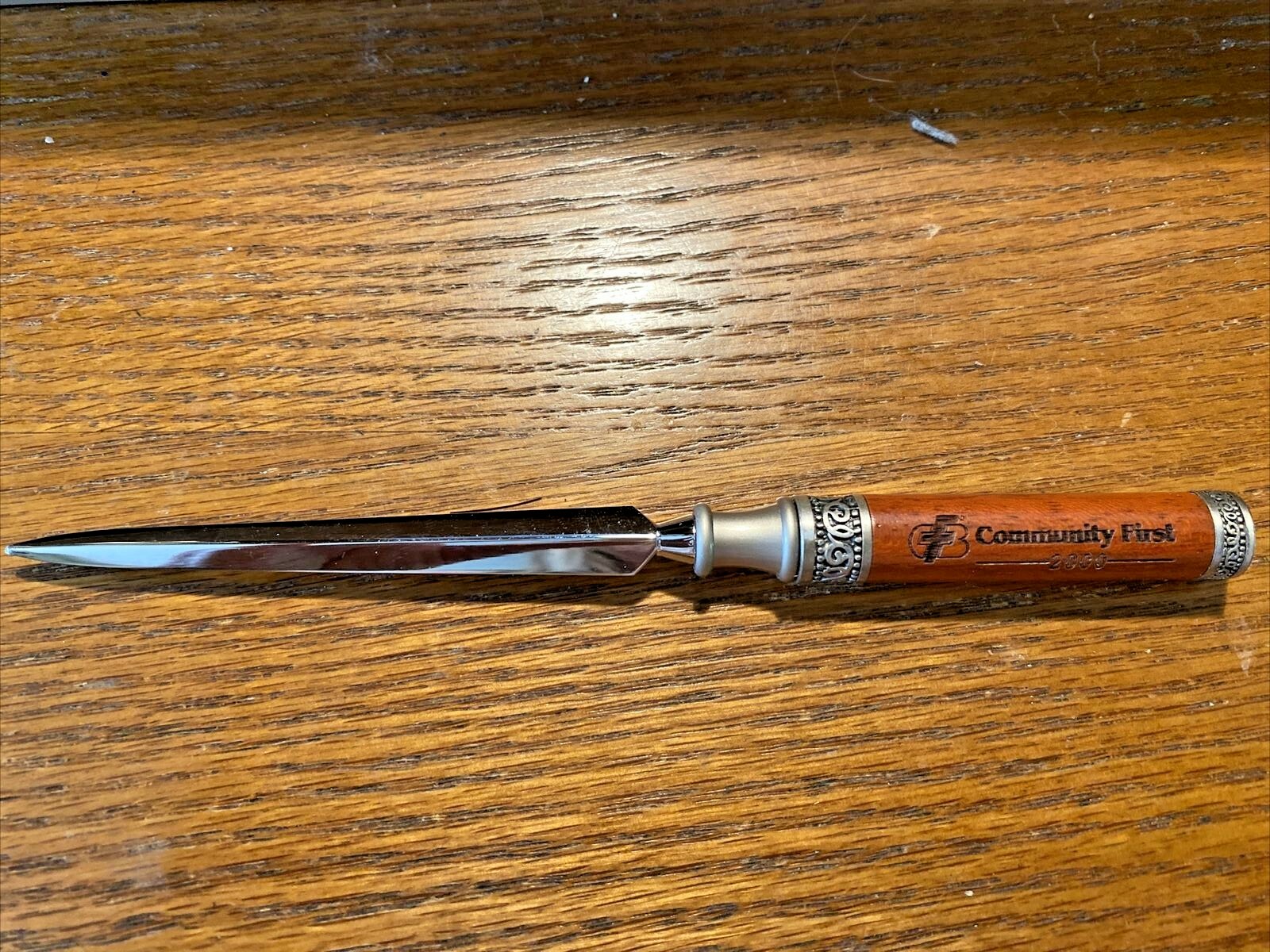 Vintage Community First Bank Fargo ND 2000 Wood & Scrolled Letter Opener, NOS