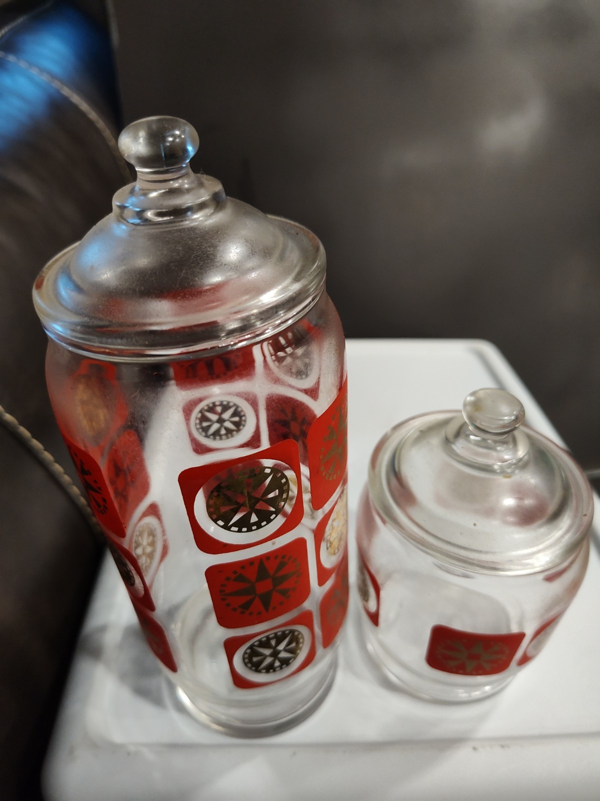 Vintage MCM Red Gold Atomic Starburst Glass Canister Set of 2 Retro Kitchen Jars