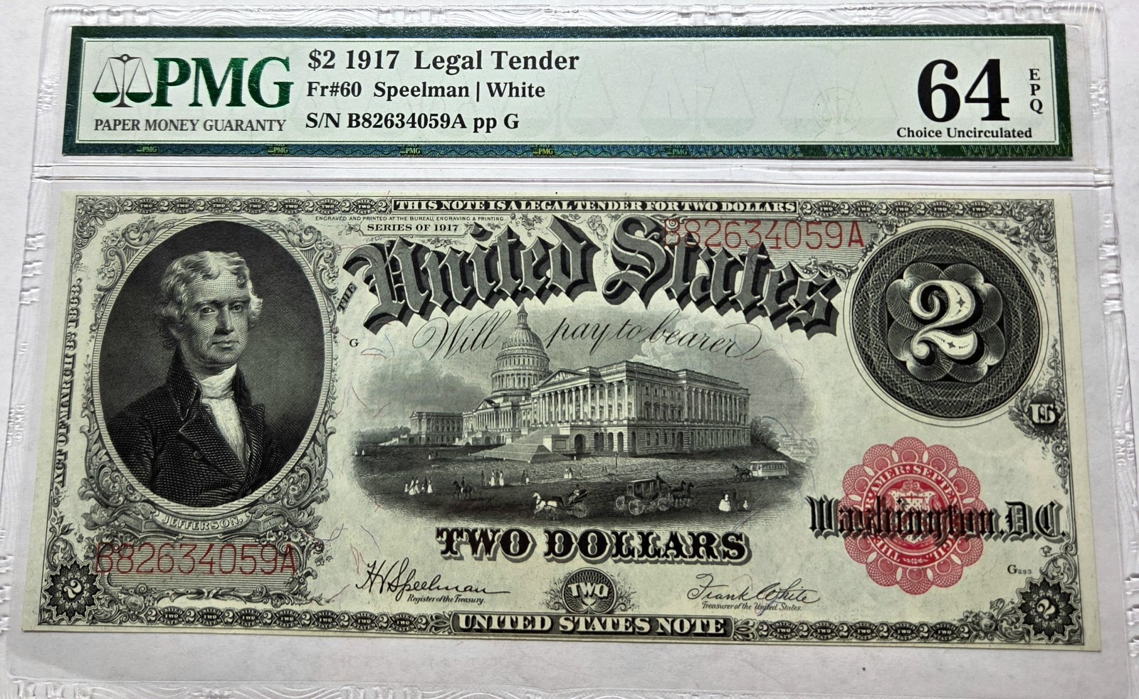 Rare 1917 $2 Legal Tender Speelman/White PMG 64 EPQ Choice Uncirculated