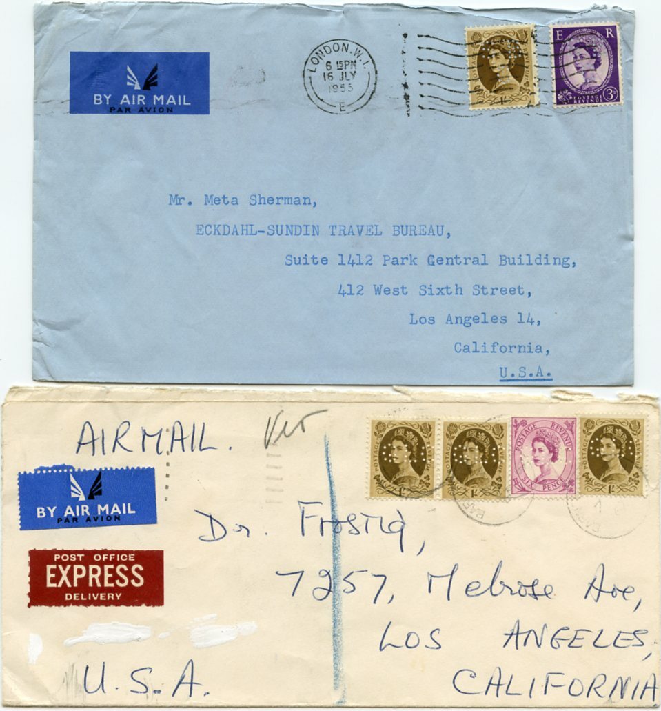 Great Britain 1955 & 1967 Air Covers (One Exp.) f.w. Wilding Issues w/Perfin