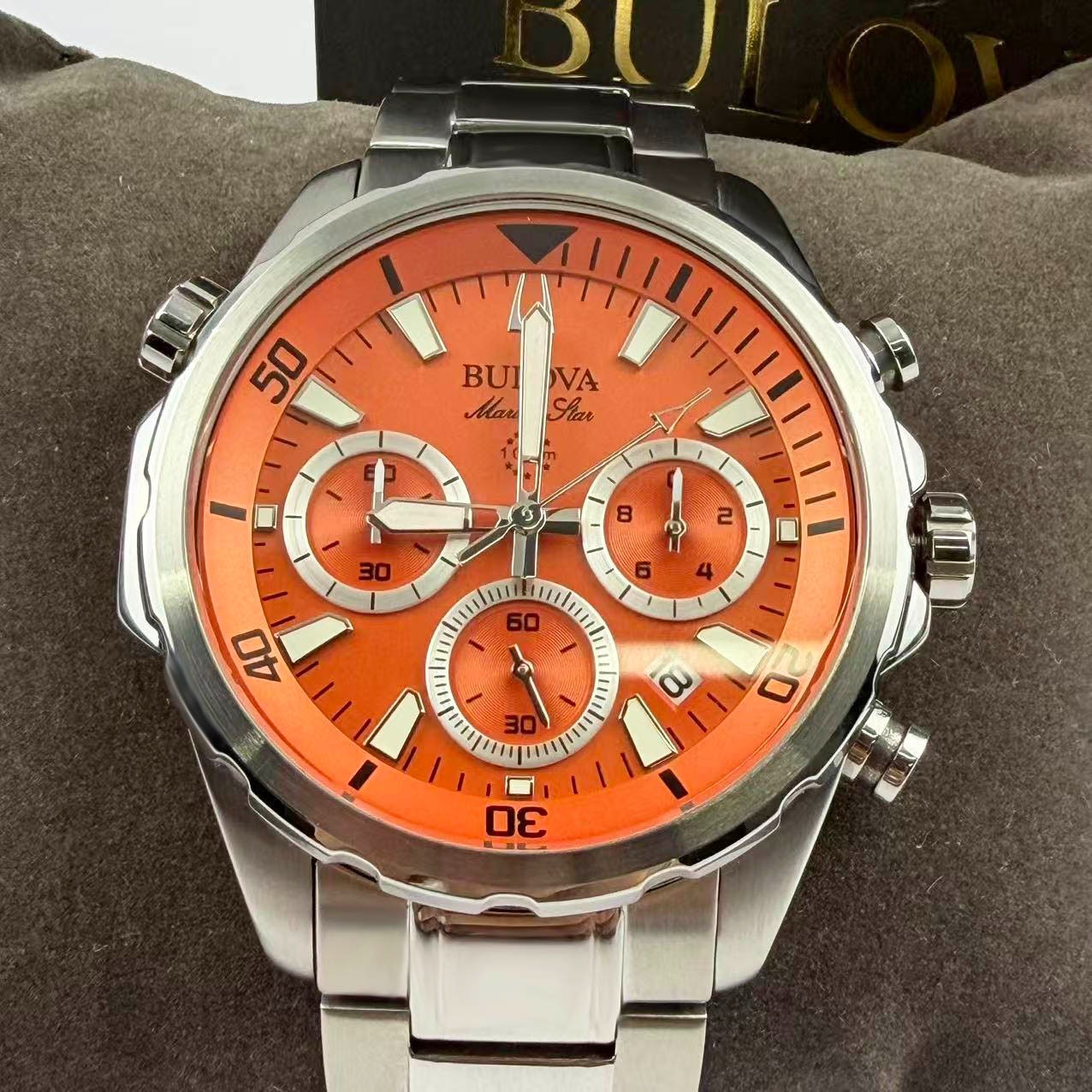 NEW Bulova Marine Star 44 mm Men’s Chronograph Quartz Watch Orange Dial 96B395