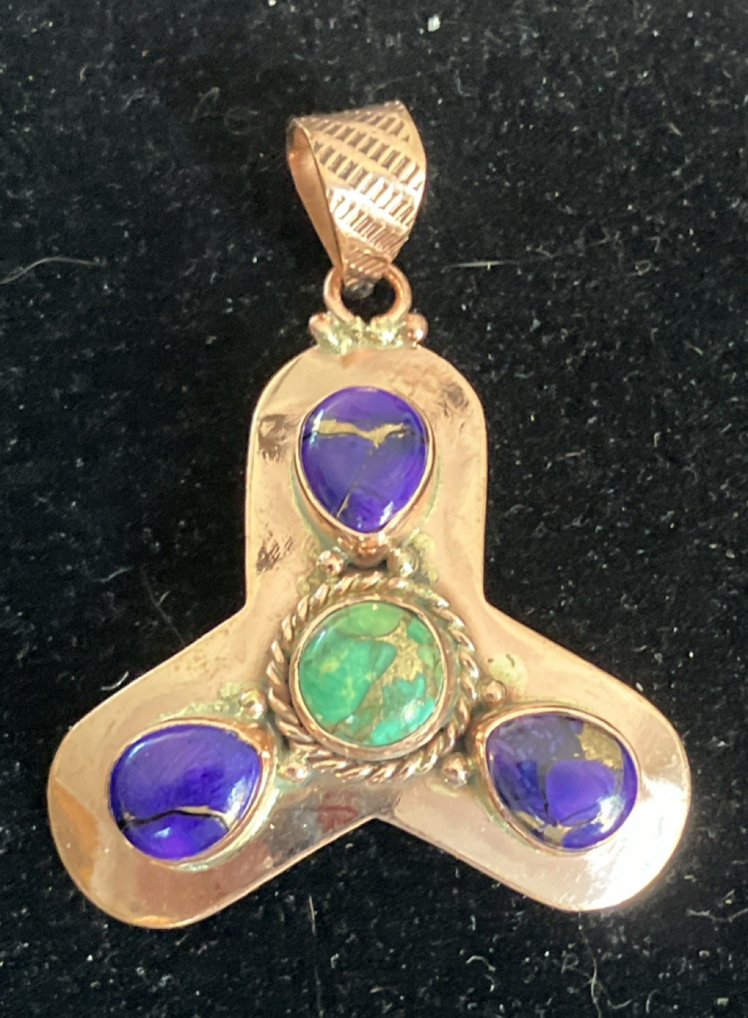 Unusual Copper Asymmetrical triple stone Pendant Purple & Green Turquoise Stones