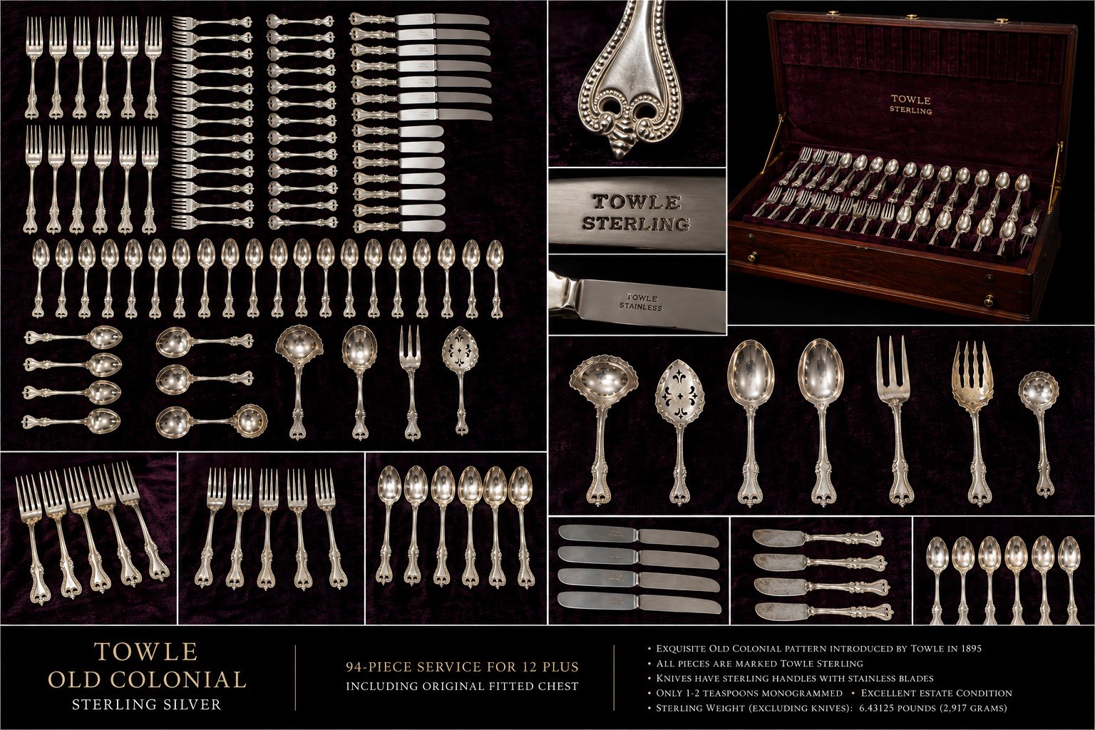 Towle Old Colonial Sterling Silver Flatware Service for 12+ Rare serving pcs