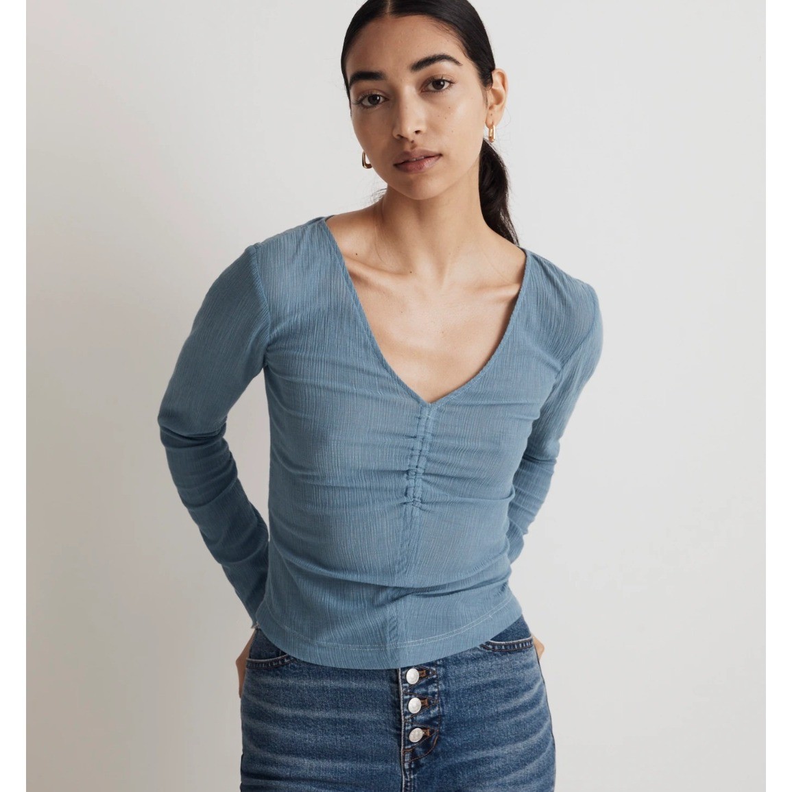Madewell Semi-Sheer Shirred V-Neck Top Blue Long Sleeve NM647 FA23 Women M