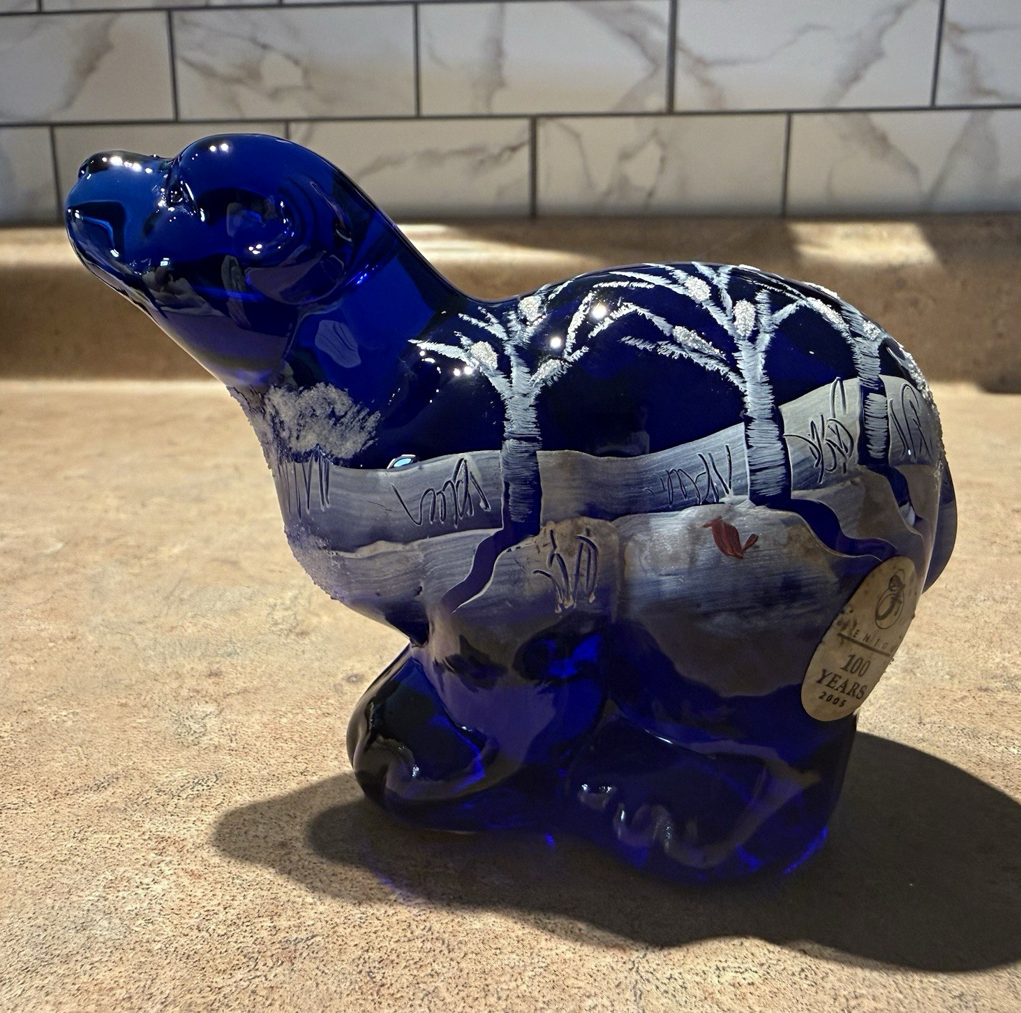 Fenton Cobalt Blue Glass Bear Figurine Hand Painted Signed K. Fenton 2005