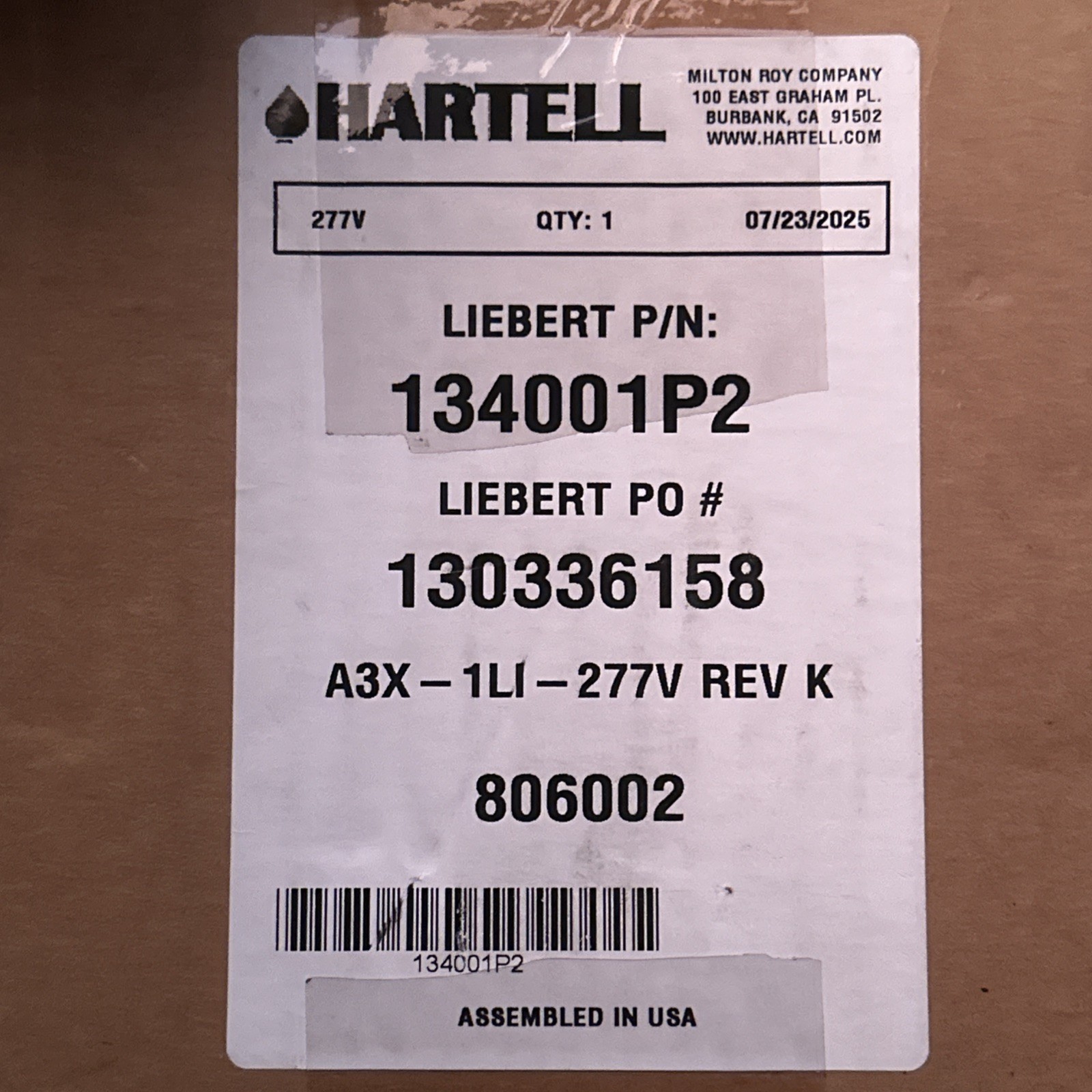 New Liebert Hartell 134001P2 Condensate Pump Assembly 277v. AX3- 1LI-277V Rev K New Liebert Hartell 134001P2 Condensate Pump Assembly 277v. AX3- 1LI-277V Rev K