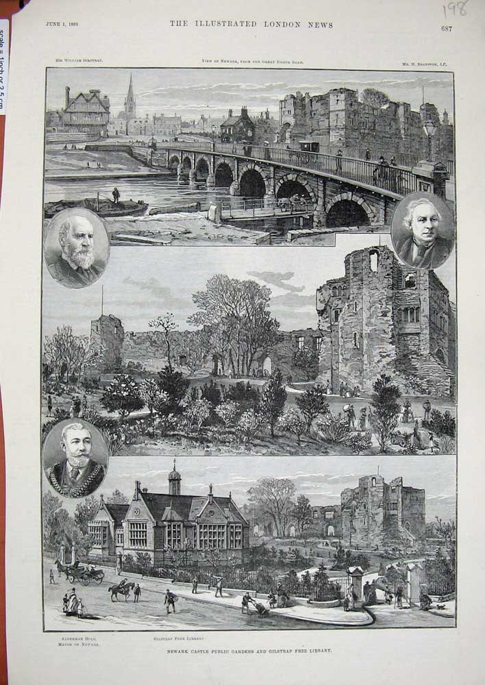 Newark Castle Gardens Library Branston Gilstrap 1889 Original Antique Print