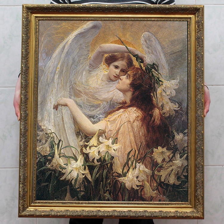 Hand Painted Classical Oil Painting Angel and Maiden Art Canvas Vintage Style