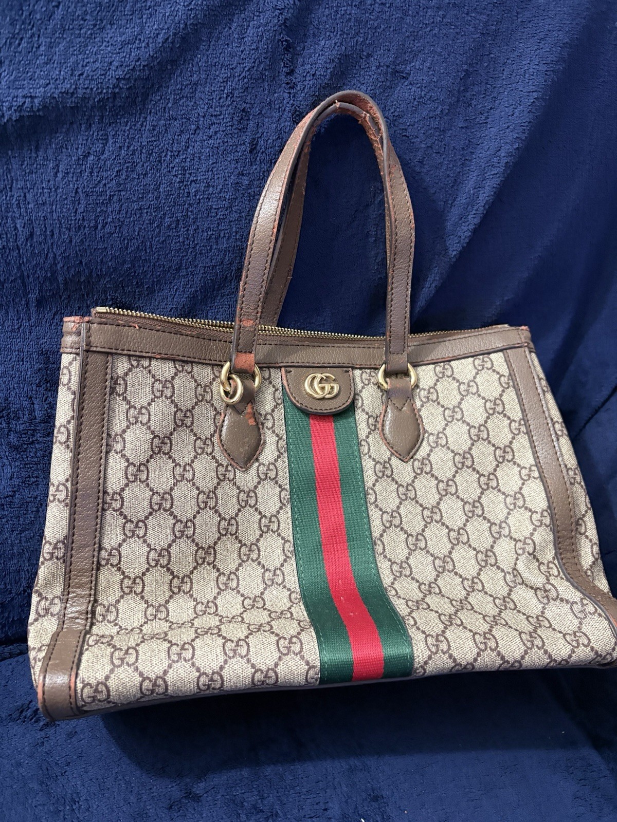 Gucci GG Monogram Tote Bag Beige Brown Green Red Stripe Worn Handles Peeling