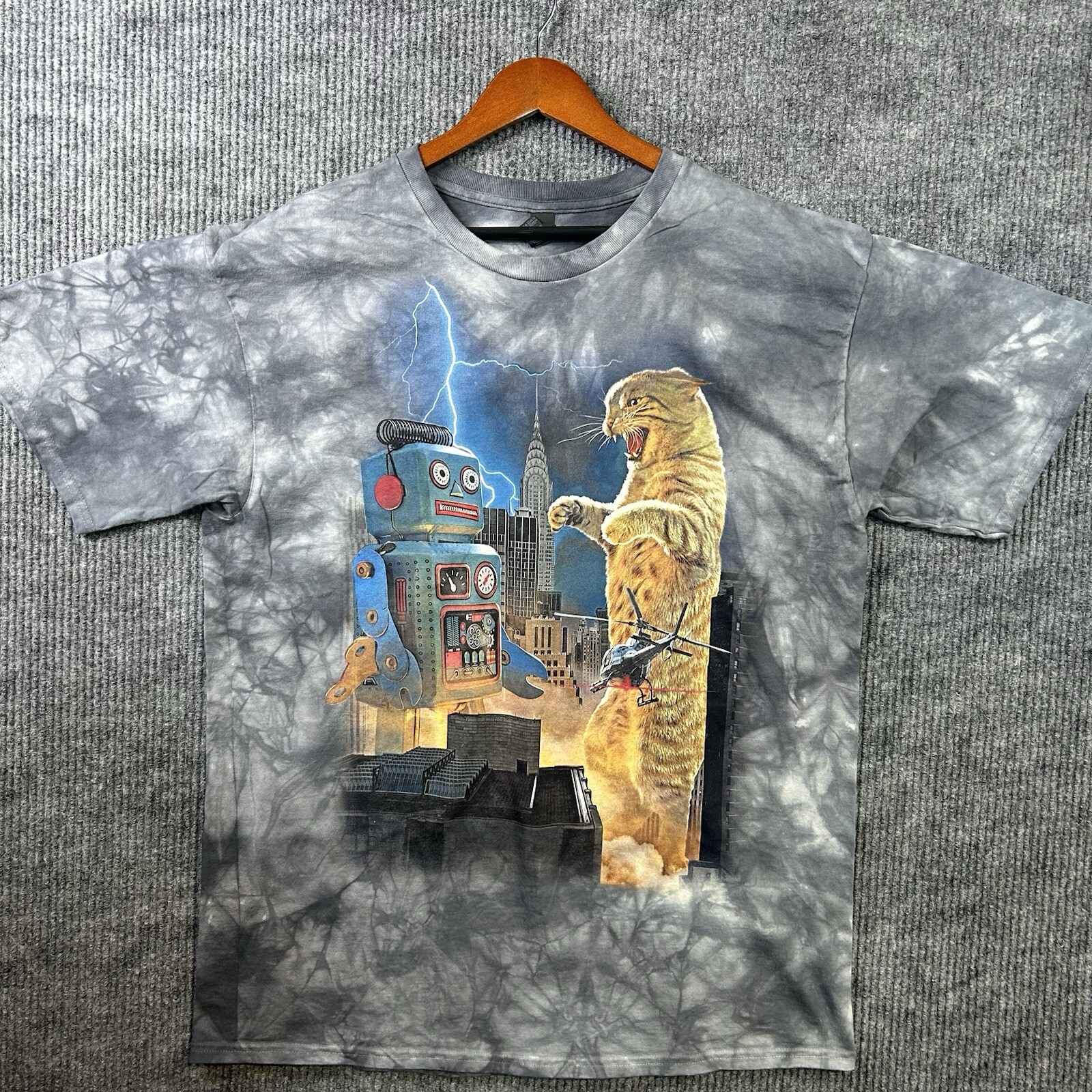 New Catzilla Cat vs Robot T Shirt Men’s XL Tie Dye Blue