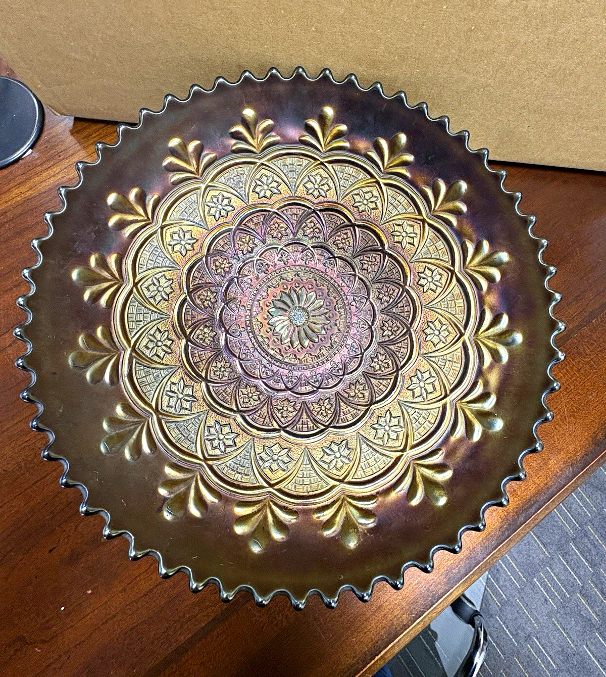 Fenton Persian Medallion carnival glass, dark amethyst/black-amethyst base glass