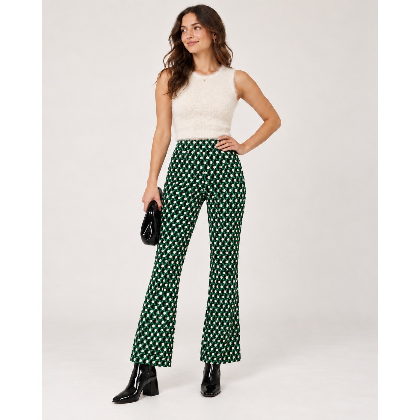 Maeve Anthropologie Margot Cropped Flare Pants Green Black Polka Dot Size M