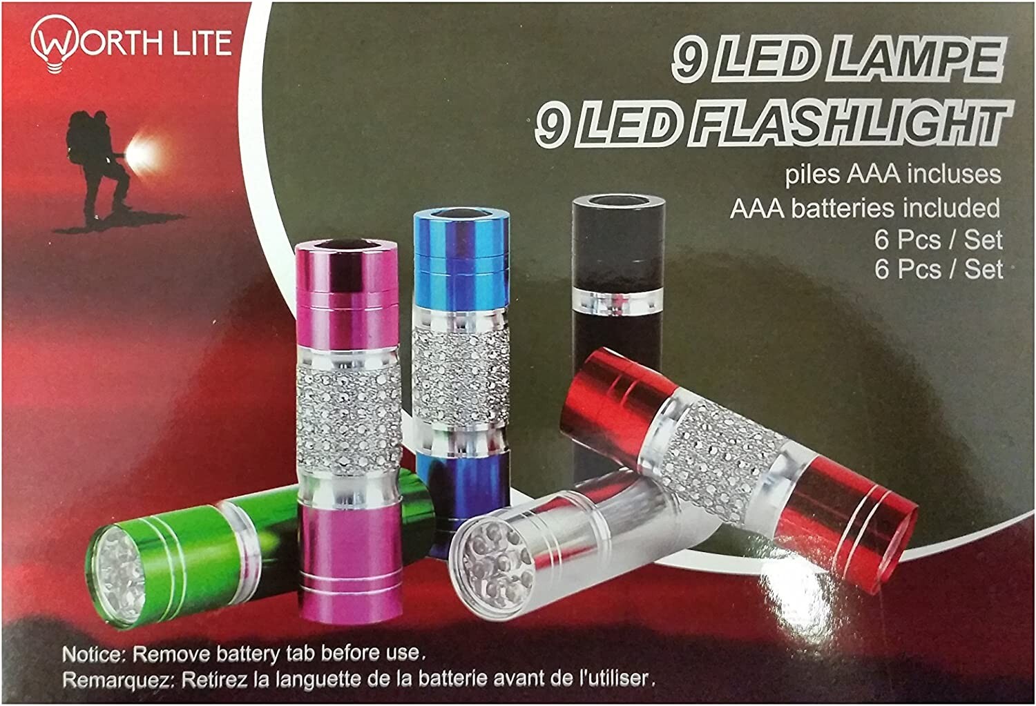 Worth Lite 9 LED FLASHLIGHT 6 Pc. Asst. Colors Bedazzled Batt. Incl. 