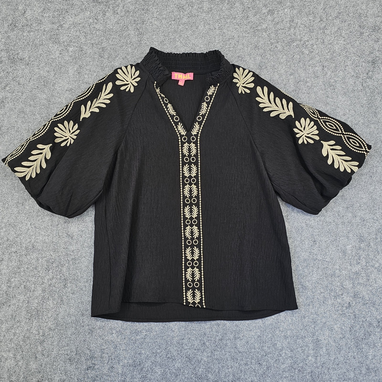 THML Be The Light Black Embroidered Blouse Short Puff Sleeve Size Small V-Neck