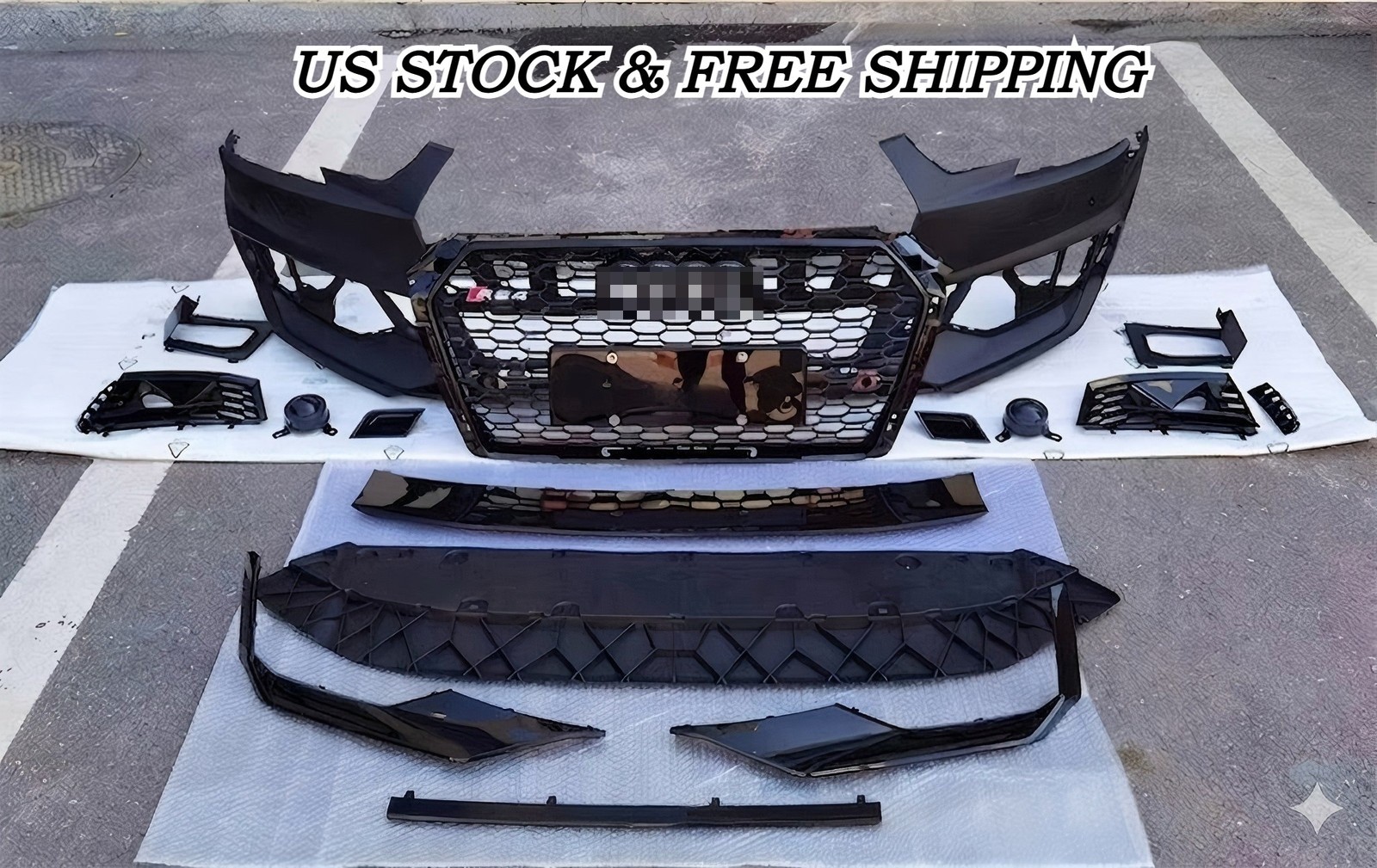 RS4 Style Front Bumper Cover Honeycomb Grille for 2017-2019 Audi A4 S4 B9 Black