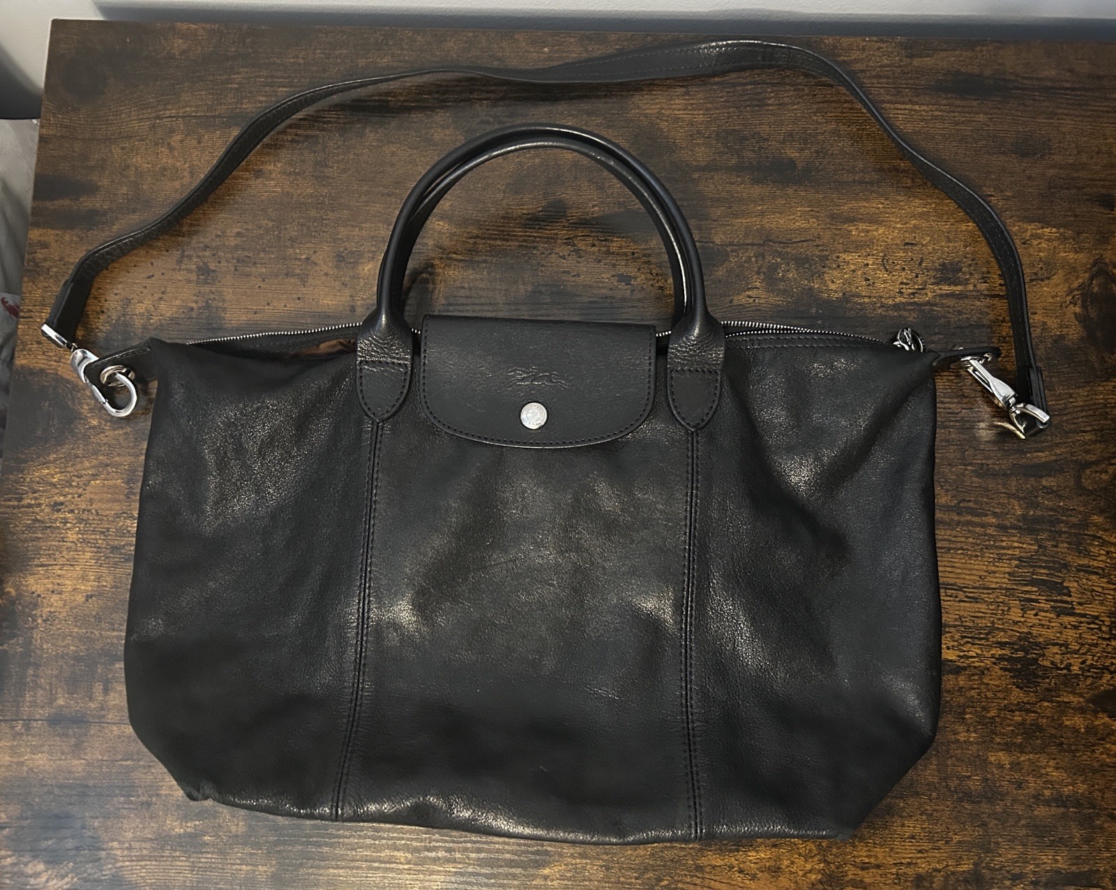 Longchamp Le Pliage Cuir Black Leather 2Way Shoulder Tote Bag Large Zip Snap