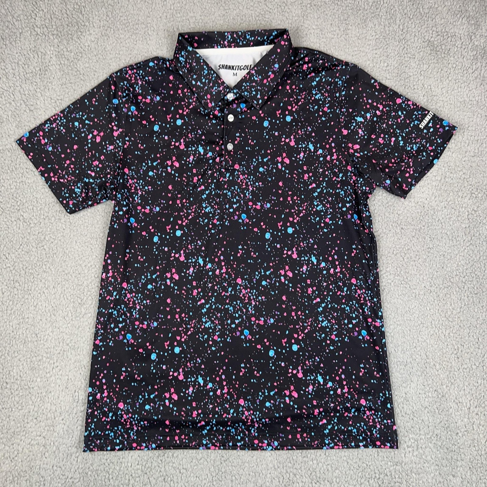 SHANKITGOLF Polo Shirt Mens Size M Black Splatter Print Golf Short Sleeve