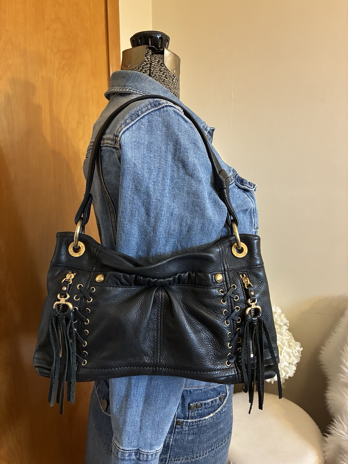 B. Makowski Black Leather Slouchy Hobo Shoulder Bag W/ Fringe And Gold Grommet