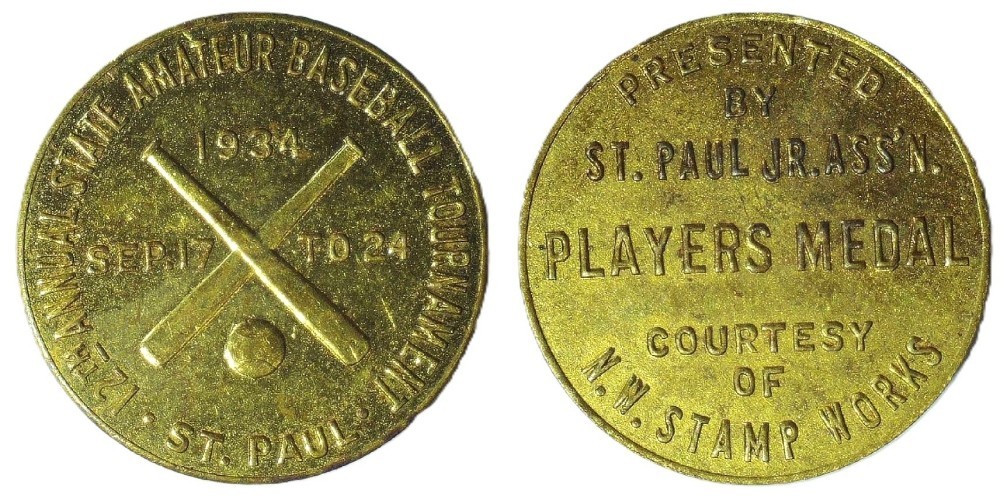 RARE 1934 12th ANNUAL STATE AMATEUR BASEBALL TOURNAMENT PLAYERS MEDAL - EC 9987
