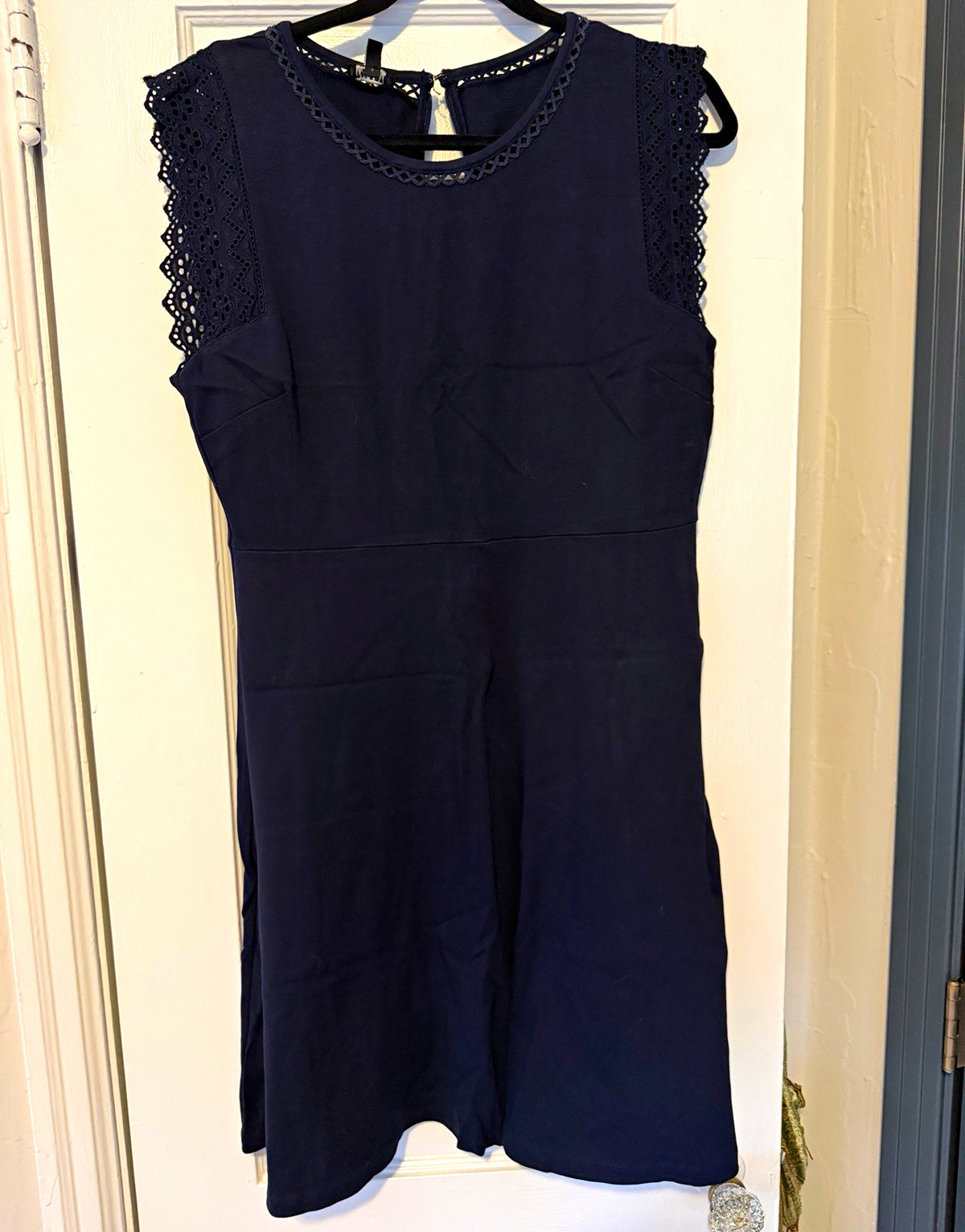 Talbots Petites PL Blue Solid Knit Cotton A-Line Knee Zip Dress Lace Talbots Petites PL Blue Solid Knit Cotton A-Line Knee Zip Dress Lace