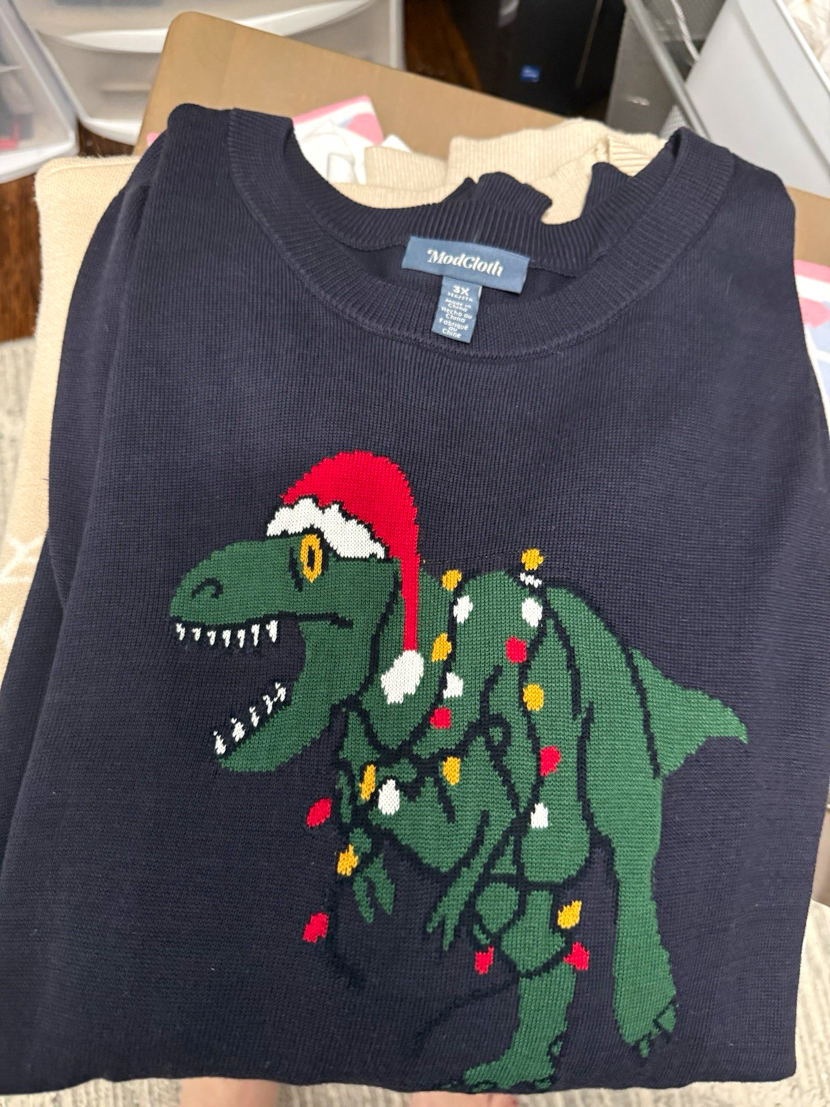 ModCloth Women\'s 3X Navy Knit Pullover Crewneck Dinosaur Graphic Sweater