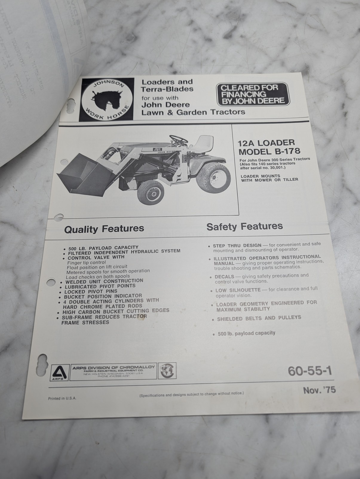 JOHNSON WORK HORSE 12A LOADER MODEL B 178 OPERATORS OWNERS MANUAL DEERE B-178 JOHNSON WORK HORSE 12A LOADER MODEL B 178 OPERATORS OWNERS MANUAL DEERE B-178