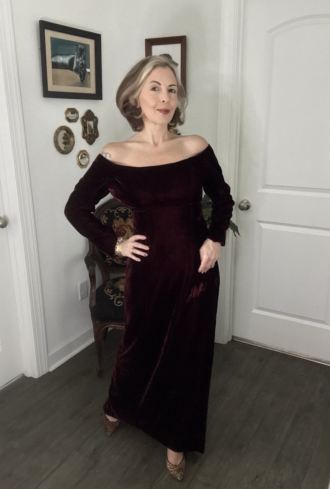 Vintage 60s Gothic Revival Burgundy Red Velvet Dress Train Off The Shoulder Sm