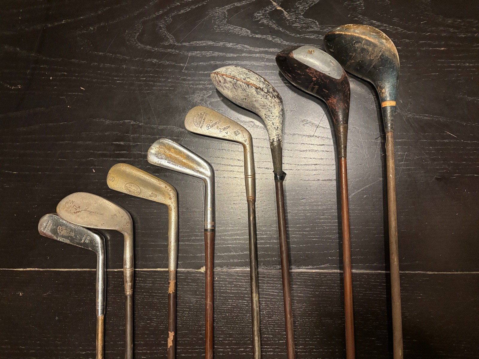 Vintage 1940s Steel Faux Wood Grain pyratone Shaft Golf Clubs Lot of 8 Antique