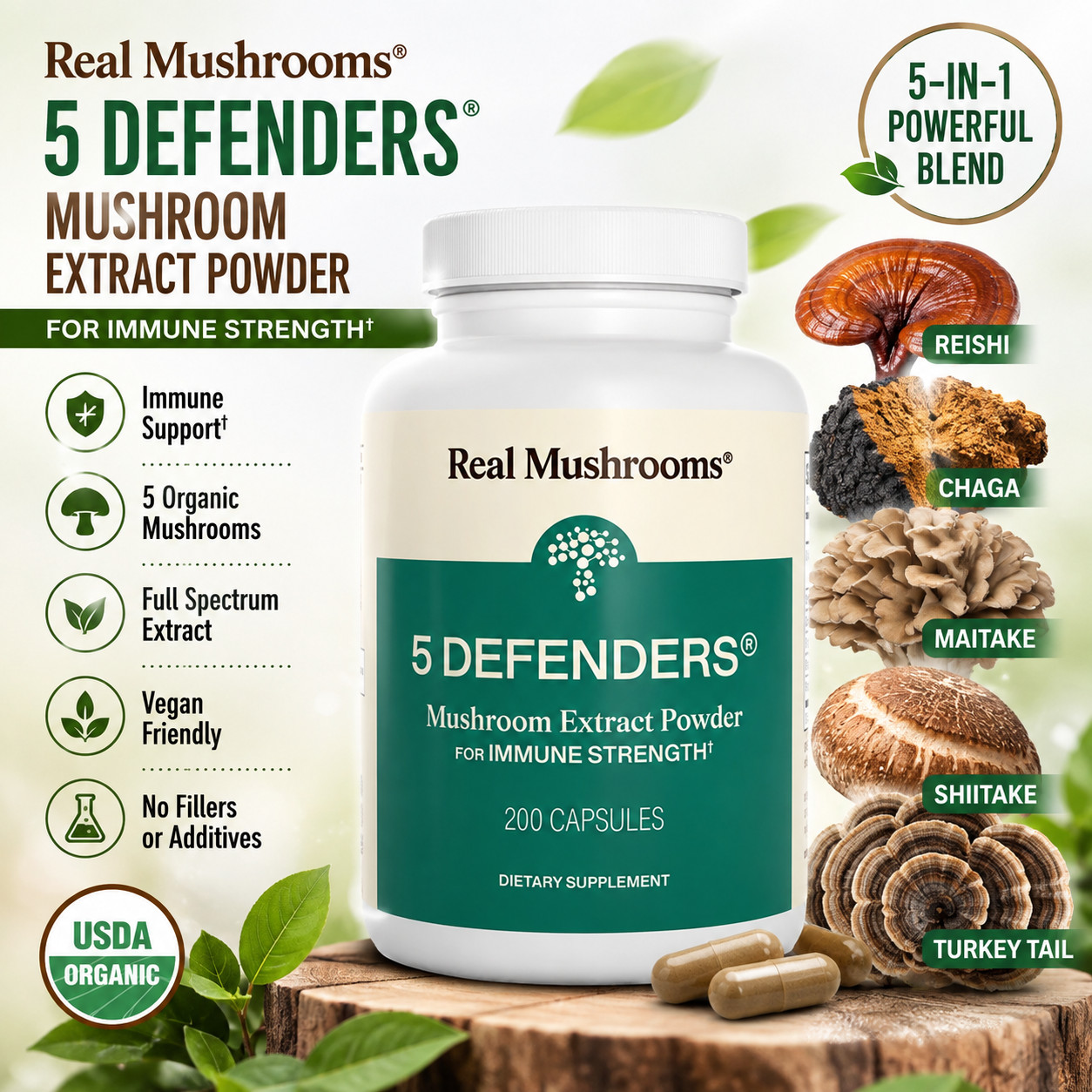 Real Mushrooms 5 Defenders Organic Mushroom Blend Reishi Chaga 200 Capsules Real Mushrooms 5 Defenders Organic Mushroom Blend Reishi Chaga 200 Capsules