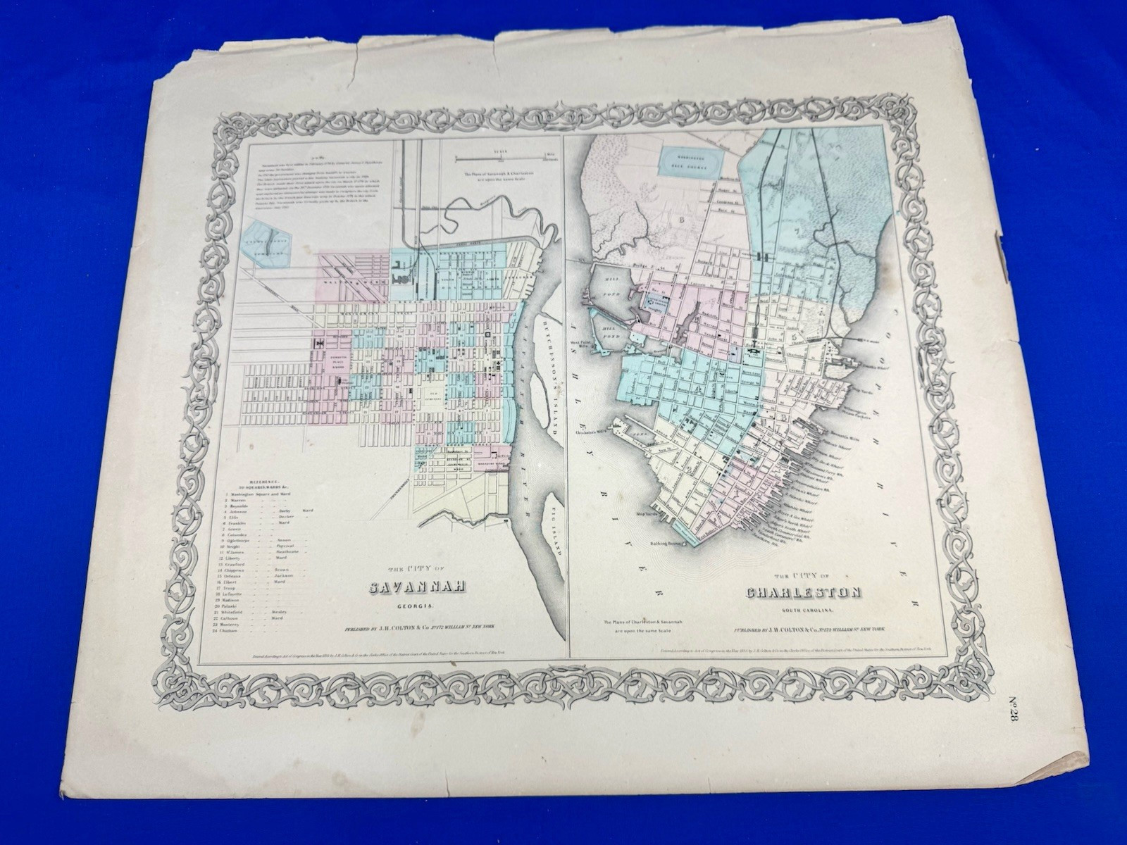 1855 J.H. Colton SAVANNAH & CHARLESTON Map, Hand Colored, Border 15.25\ 1855 J.H. Colton SAVANNAH & CHARLESTON Map, Hand Colored, Border 15.25\