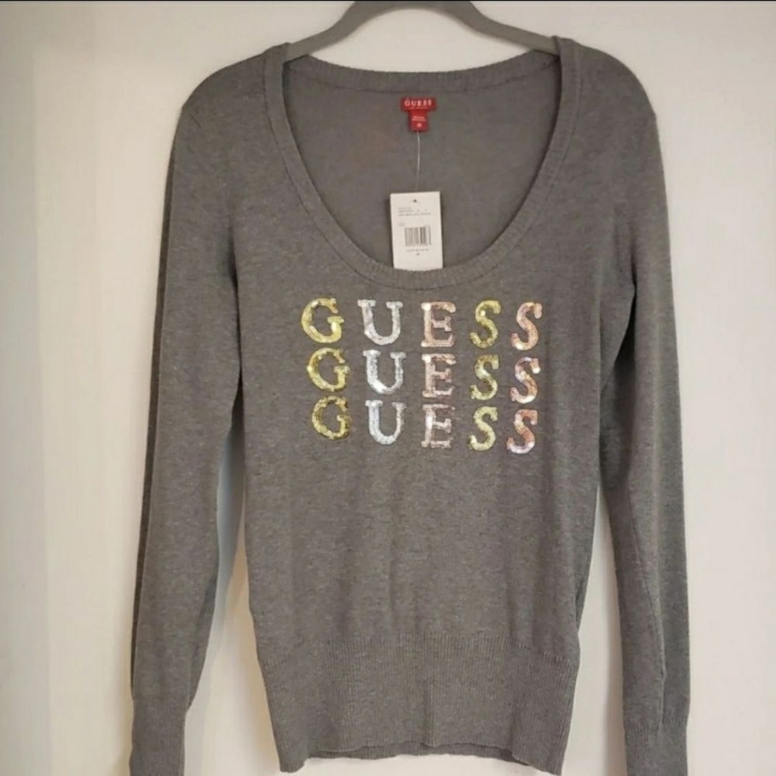NWT GUESS Gray Long Sleeve Top with Multi Sequin Color Logo size Medium